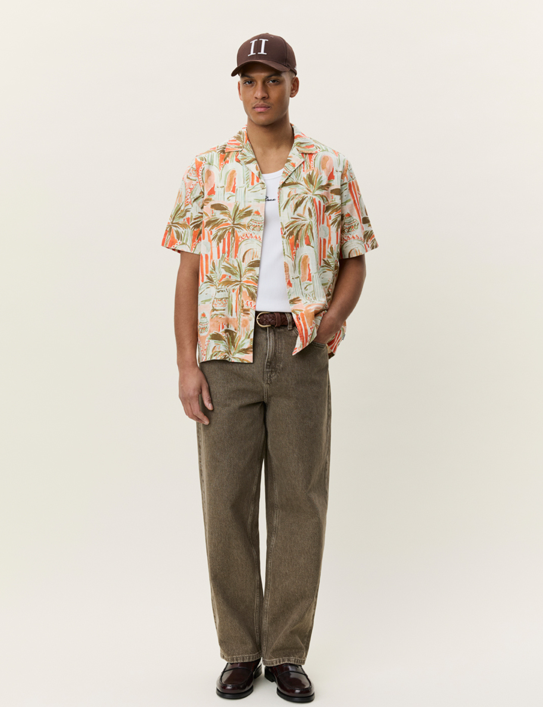 Les Deux Palm AOP All Over Print Raw Sienna Orange Multicolor Short Sleeve Collared Button Up Men’s vacation outfits tops for men Athens GA Georgia Kempt Menswear Store Near Me