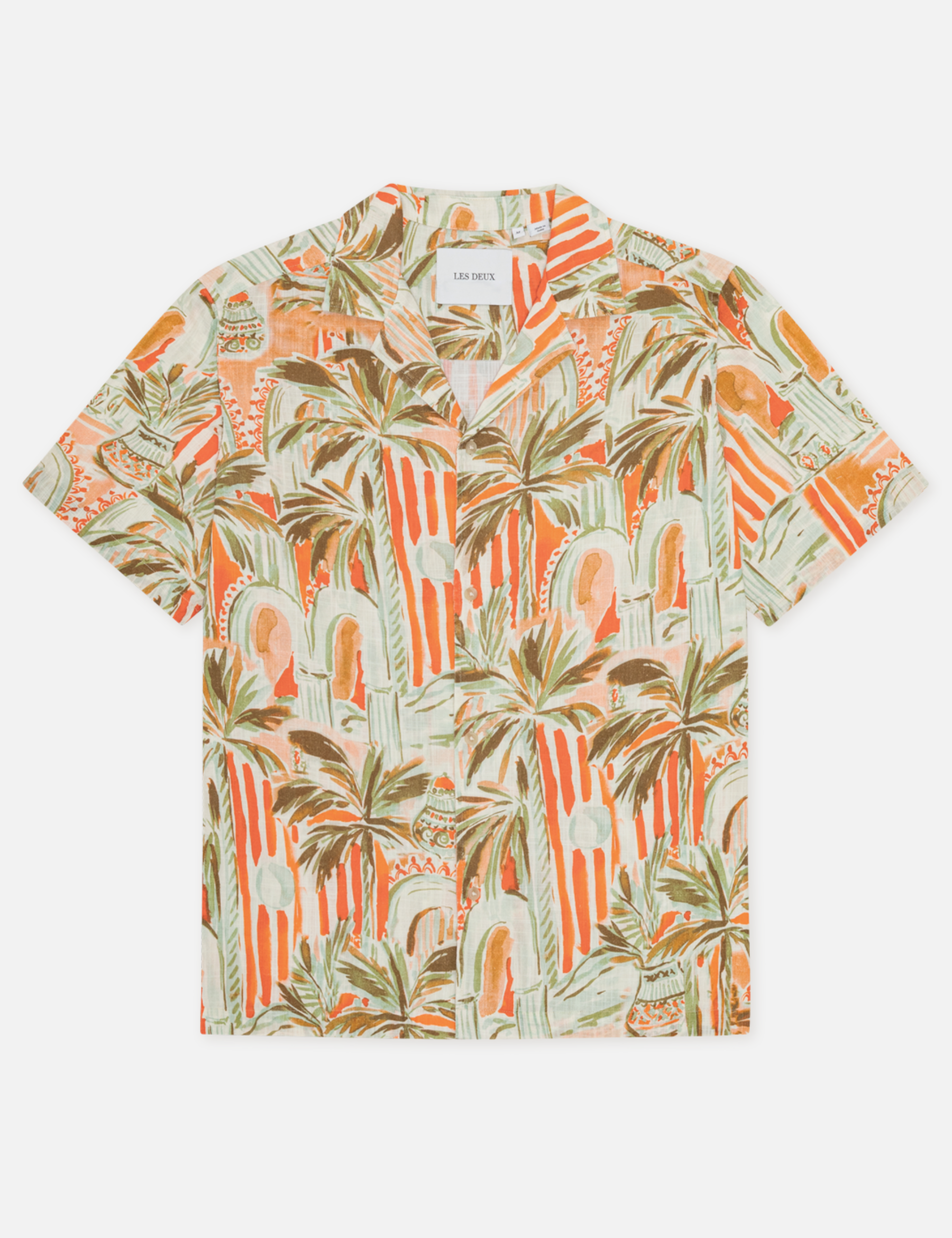 Les Deux Palm AOP All Over Print Raw Sienna Orange Multicolor Short Sleeve Collared Button Up Men’s vacation outfits tops for men Athens GA Georgia Kempt Menswear Store Near Me