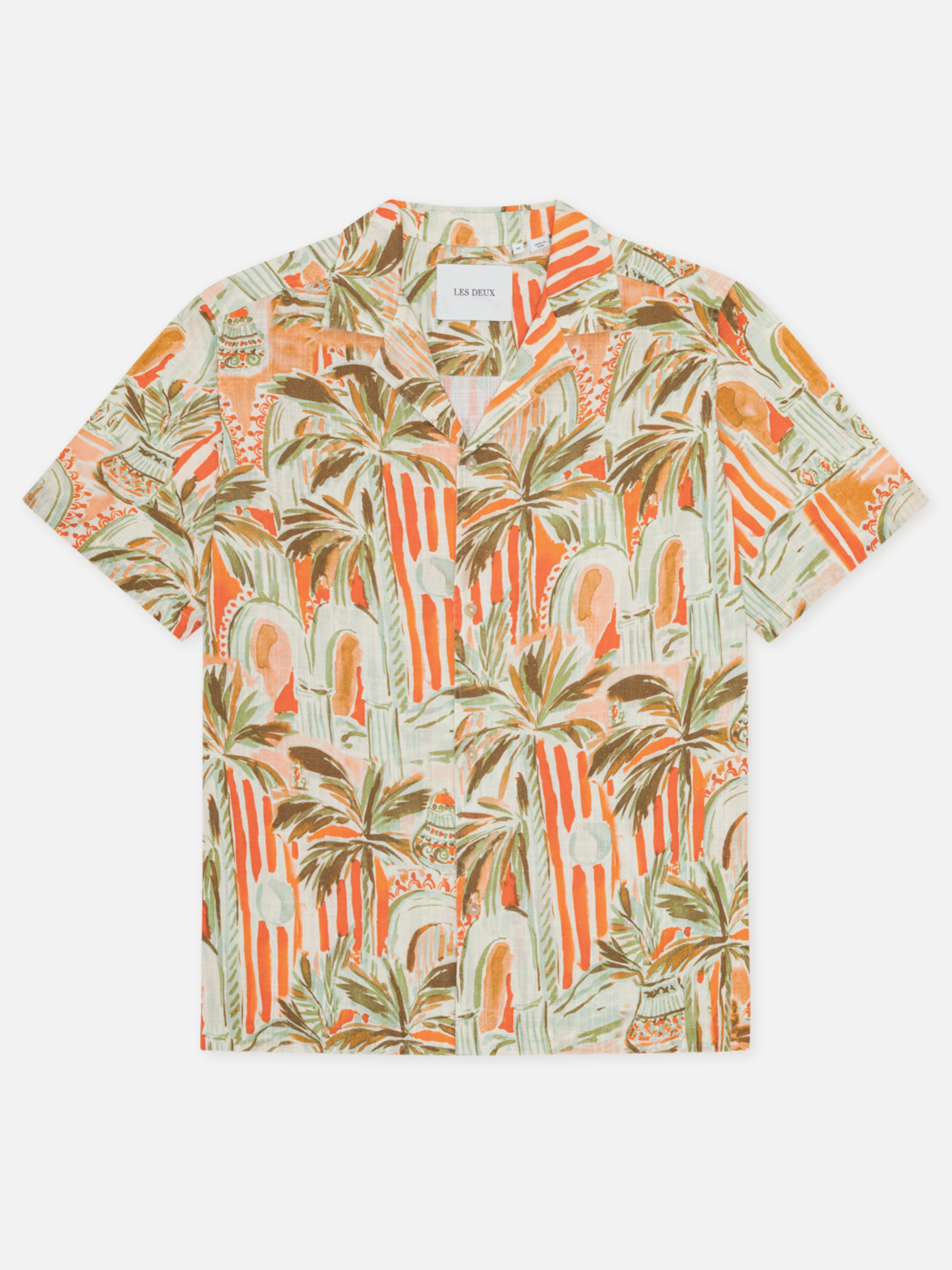 Les Deux Palm AOP All Over Print Raw Sienna Orange Multicolor Short Sleeve Collared Button Up Men’s vacation outfits tops for men Athens GA Georgia Kempt Menswear Store Near Me