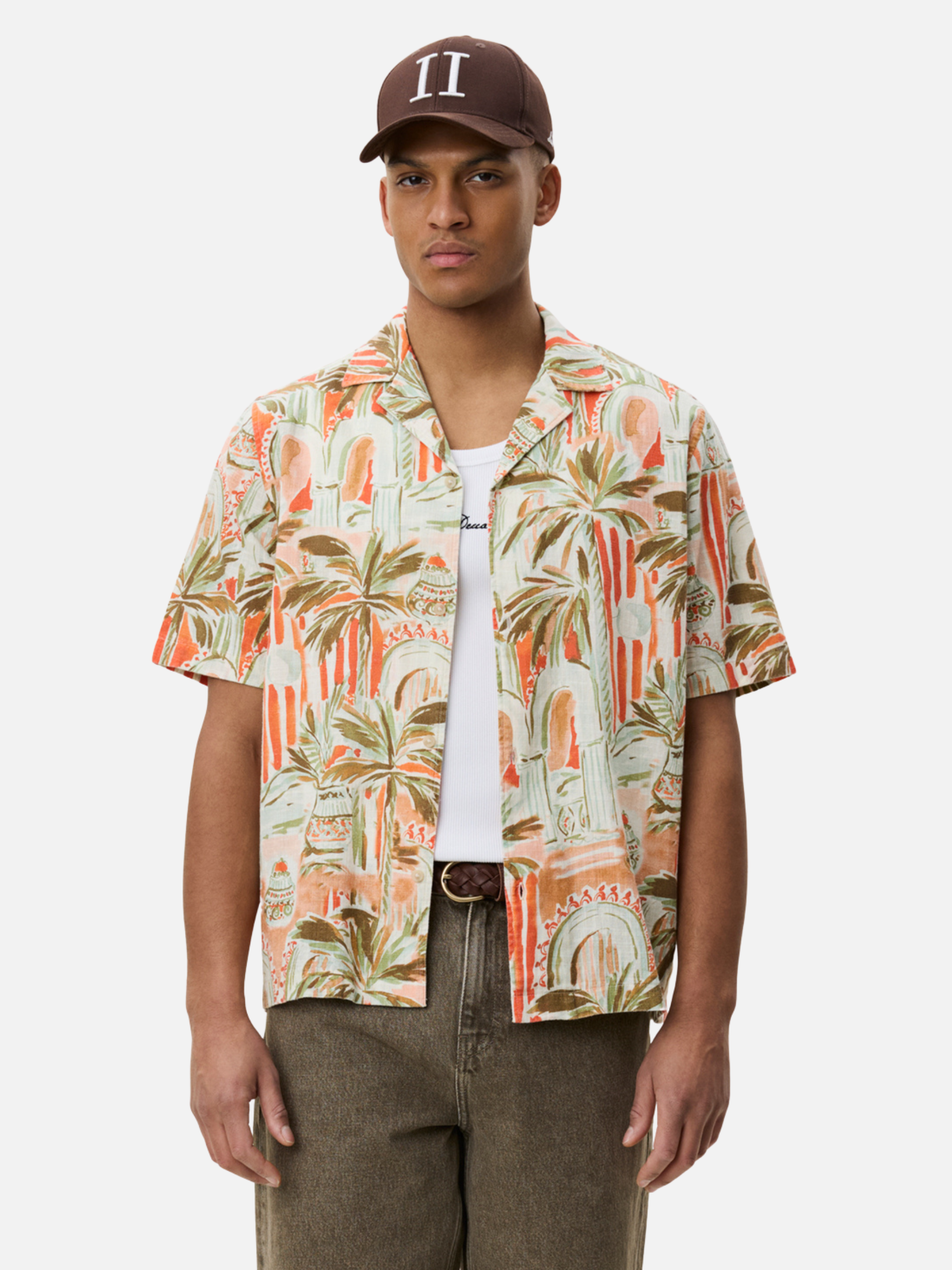 Les Deux Palm AOP All Over Print Raw Sienna Orange Multicolor Short Sleeve Collared Button Up Men’s vacation outfits tops for men Athens GA Georgia Kempt Menswear Store Near Me