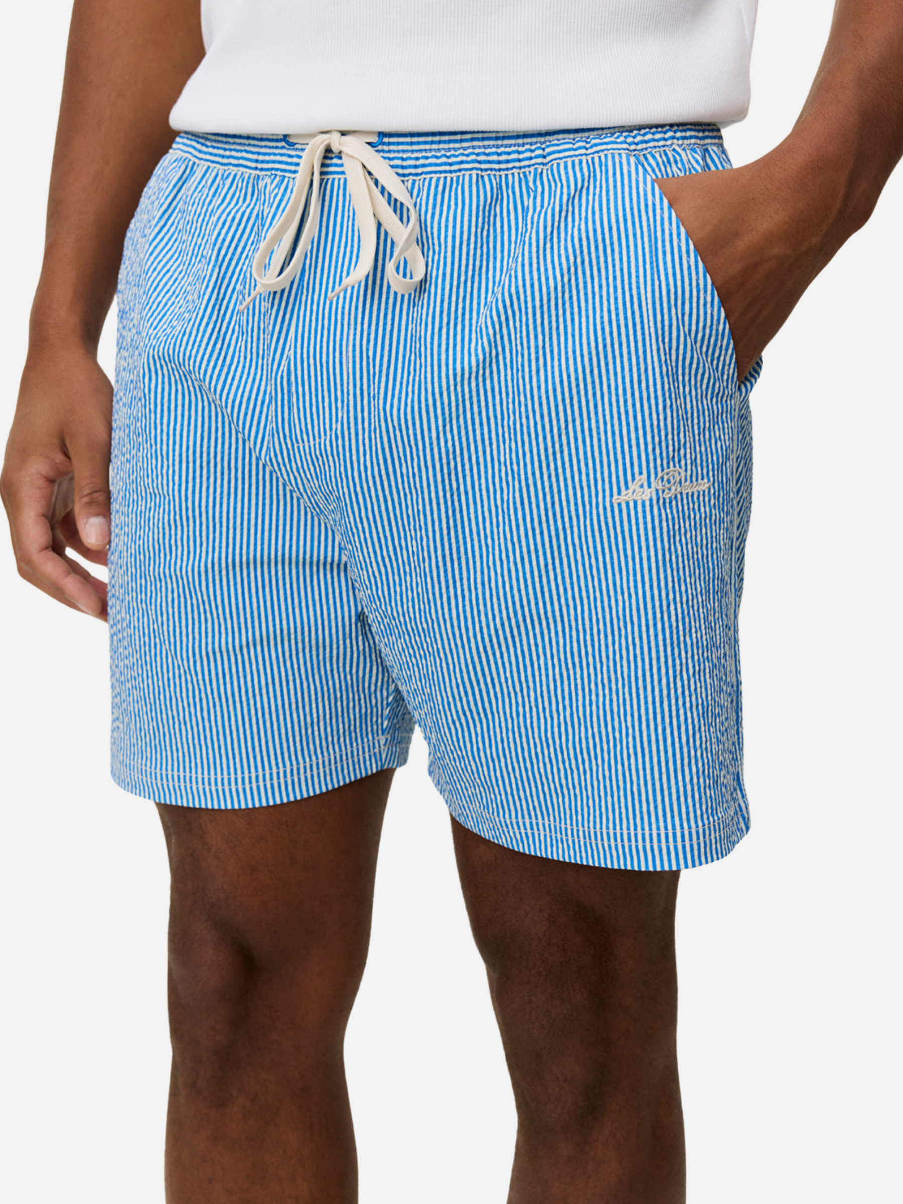 Les Deux Stan Stripe Seersucker Swim Shorts Palace Blue men’s Swimwear for Summer vacation Outfits Beach shorts for men Athens GA Georgia Kempt Menswear Store Near ME