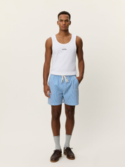 Les Deux Stan Stripe Seersucker Swim Shorts Palace Blue men’s Swimwear for Summer vacation Outfits Beach shorts for men Athens GA Georgia Kempt Menswear Store Near ME