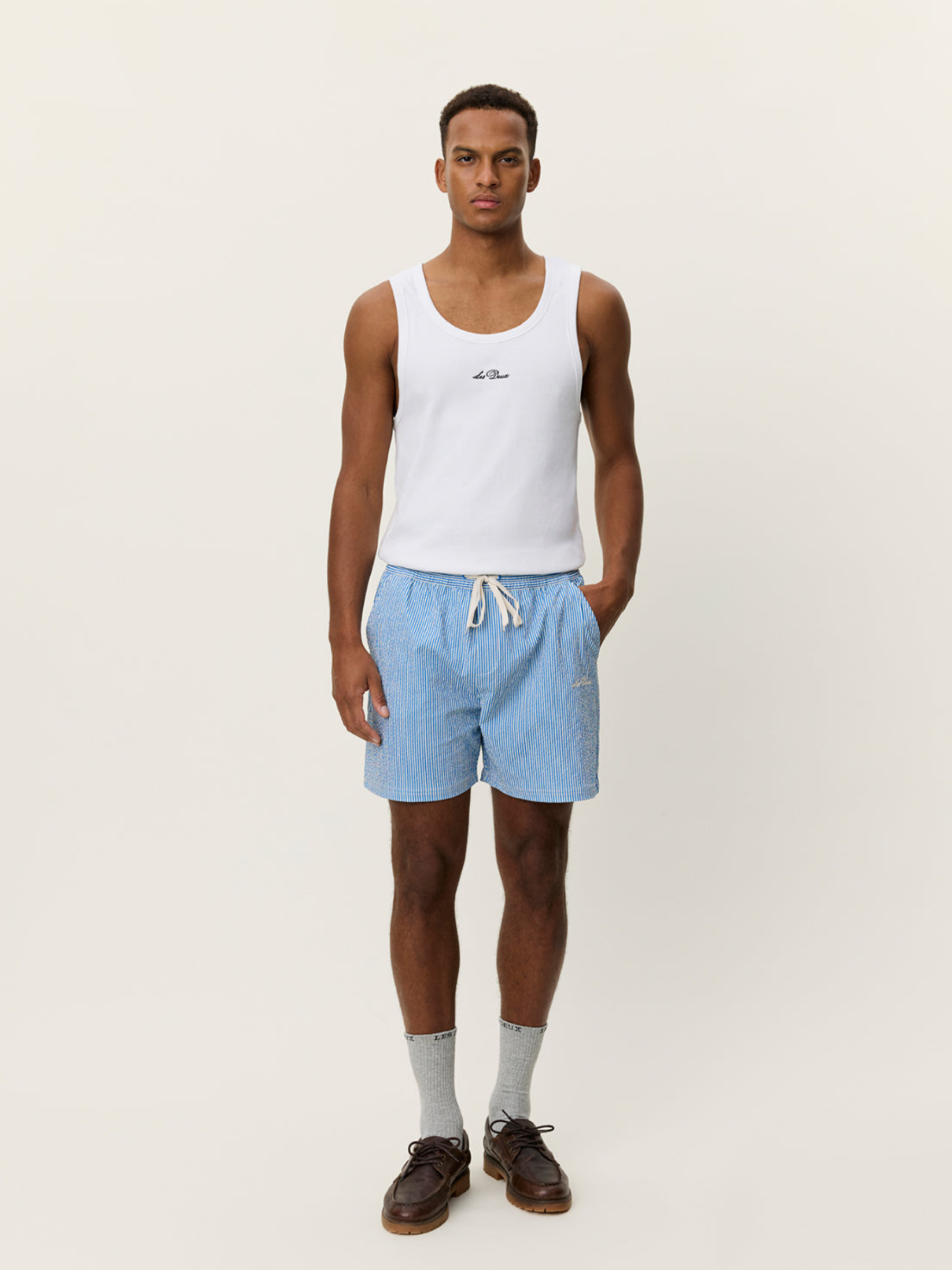 Les Deux Stan Stripe Seersucker Swim Shorts Palace Blue men’s Swimwear for Summer vacation Outfits Beach shorts for men Athens GA Georgia Kempt Menswear Store Near ME