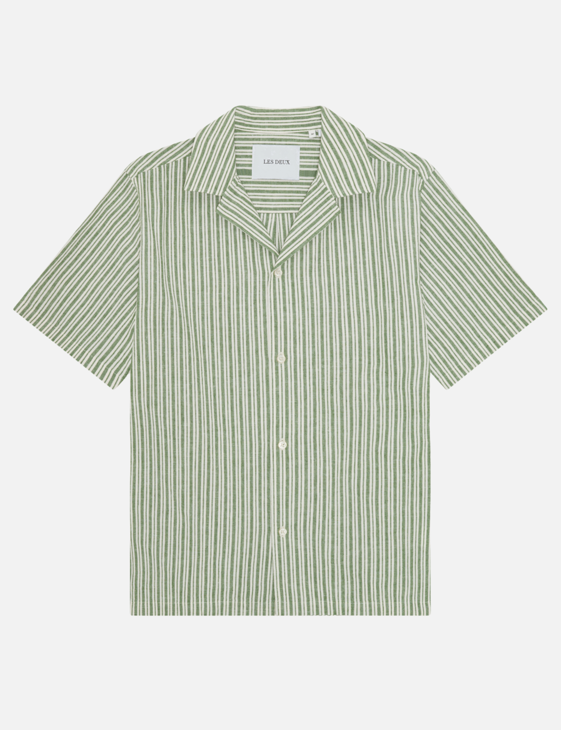 Les Deux Stripe Cotton Linen Short Sleeve Shirt Artichoke Green Men’s Tops for Men Summer Shirts for Guys Vacation Outfits for Him Collared Button Up SS Athens GA Georgia Kempt Menswear Store Near Me