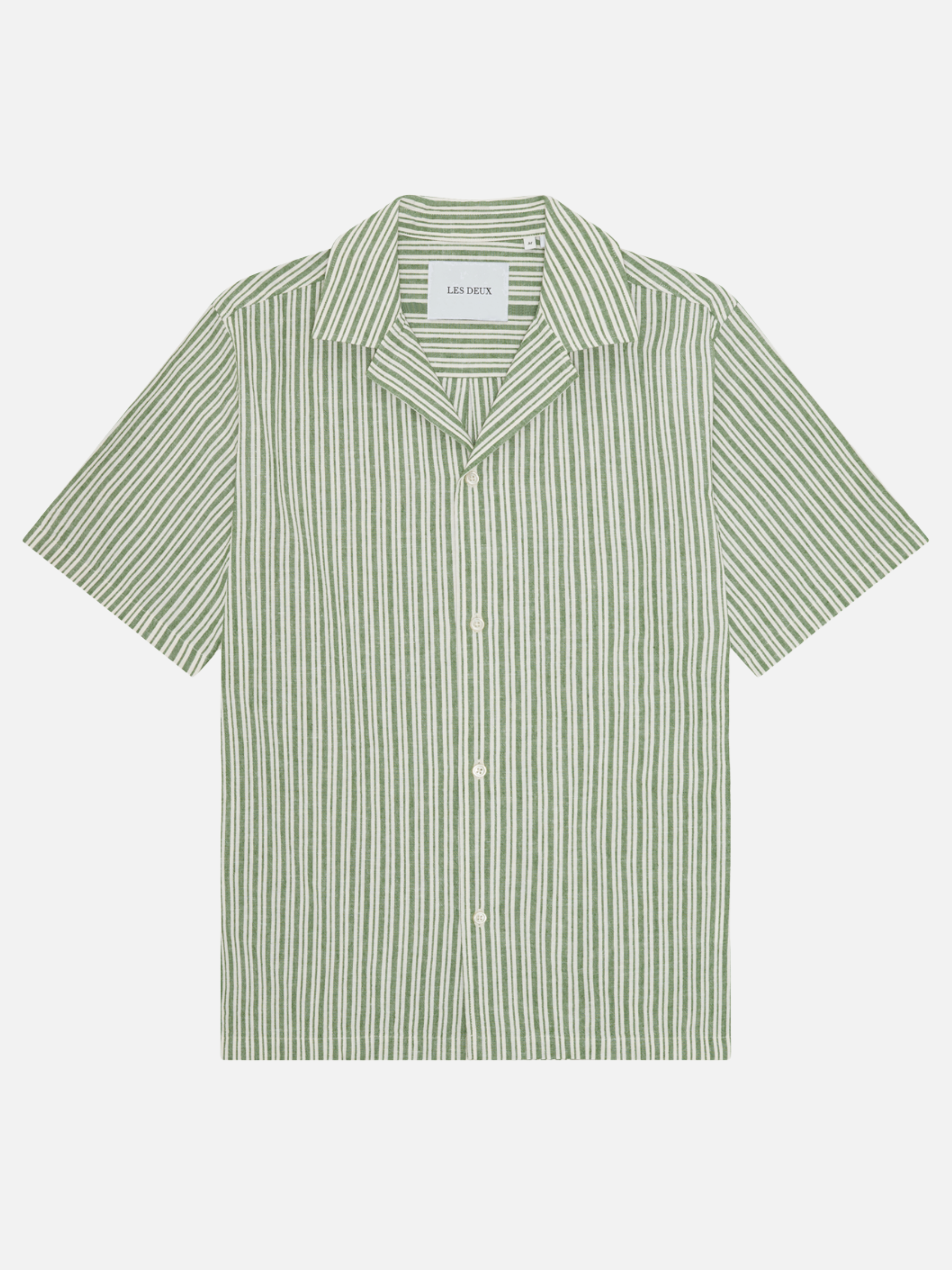 Les Deux Stripe Cotton Linen Short Sleeve Shirt Artichoke Green Men’s Tops for Men Summer Shirts for Guys Vacation Outfits for Him Collared Button Up SS Athens GA Georgia Kempt Menswear Store Near Me