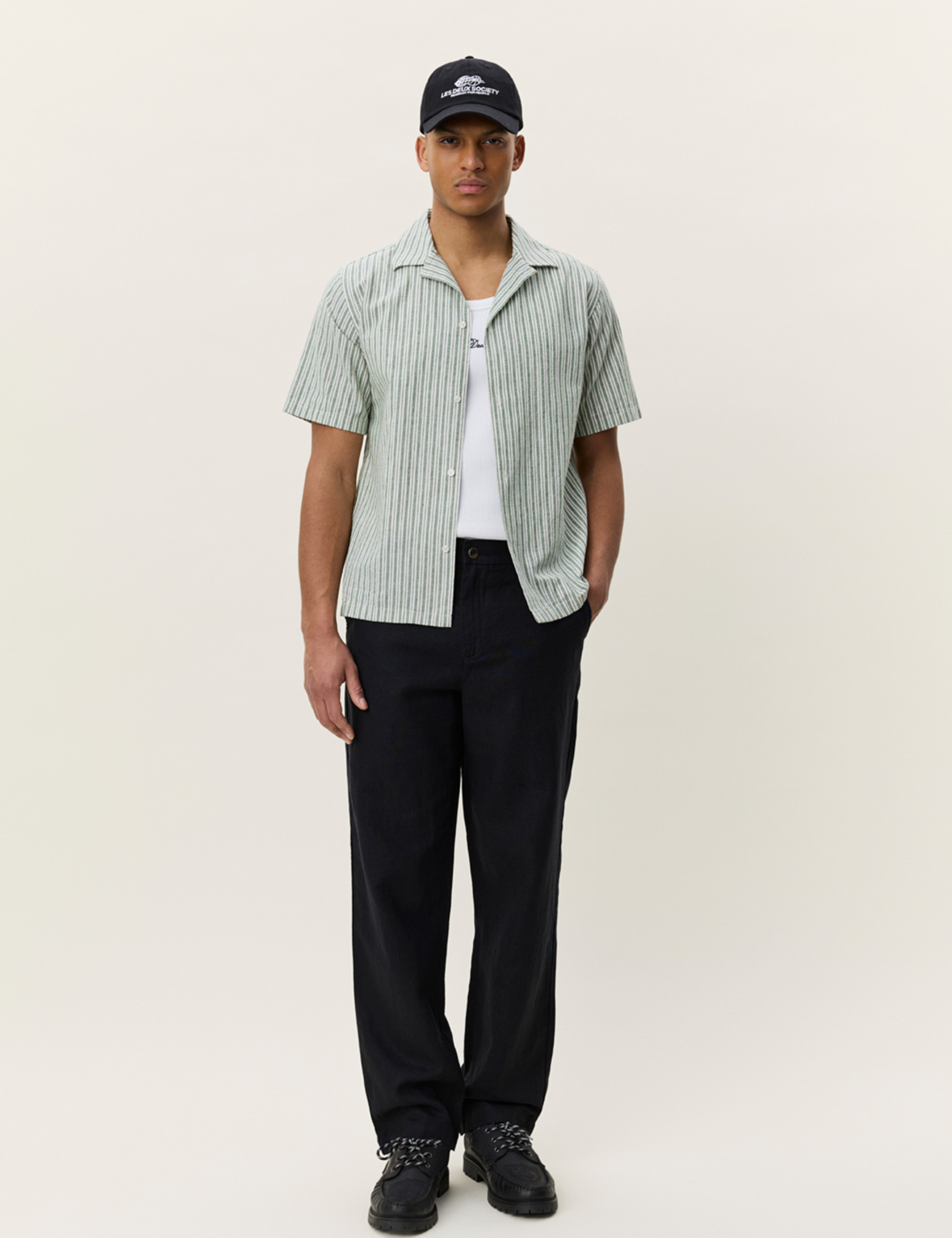 Les Deux Stripe Cotton Linen Short Sleeve Shirt Artichoke Green Men’s Tops for Men Summer Shirts for Guys Vacation Outfits for Him Collared Button Up SS Athens GA Georgia Kempt Menswear Store Near Me