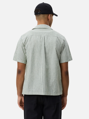 Les Deux Stripe Cotton Linen Short Sleeve Shirt Artichoke Green Men’s Tops for Men Summer Shirts for Guys Vacation Outfits for Him Collared Button Up SS Athens GA Georgia Kempt Menswear Store Near Me