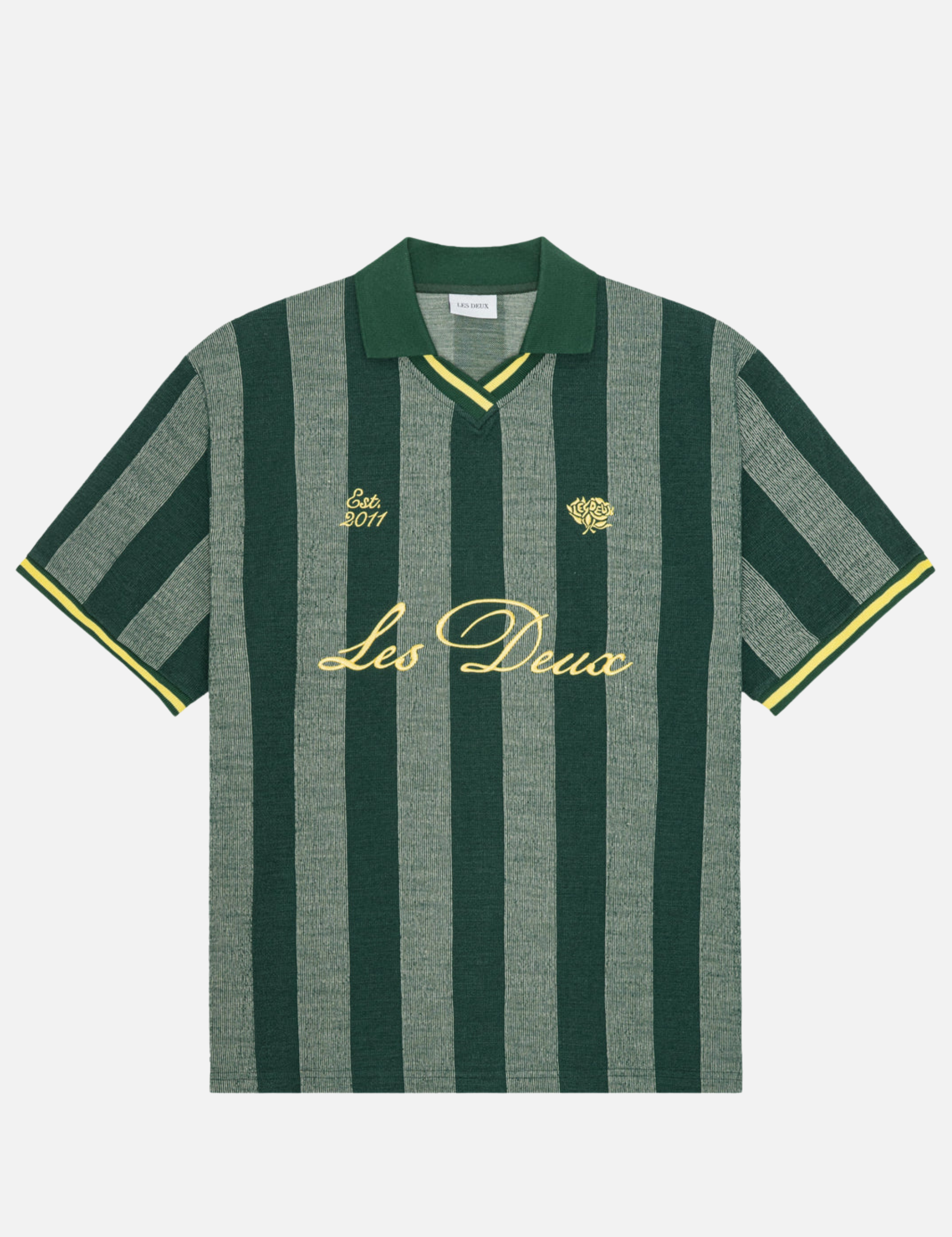 Les Deux Stripe Jacquard Football Jersey Pine Green Yellow Sporty Men’s Tops Lightweight Men’s Shirts for Men Athens GA Georgia Kempt Menswear Store Near Me