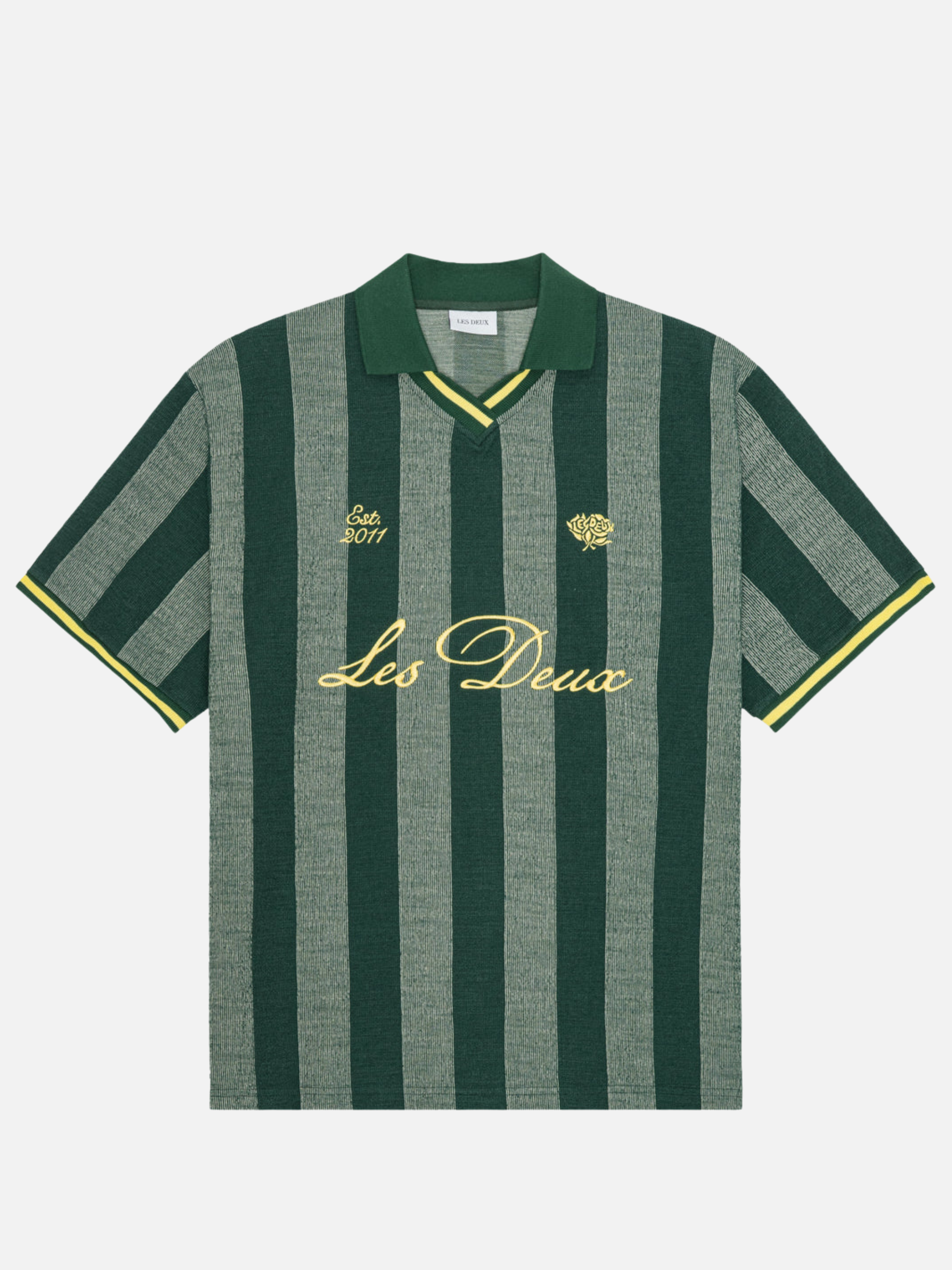 Les Deux Stripe Jacquard Football Jersey Pine Green Yellow Sporty Men’s Tops Lightweight Men’s Shirts for Men Athens GA Georgia Kempt Menswear Store Near Me