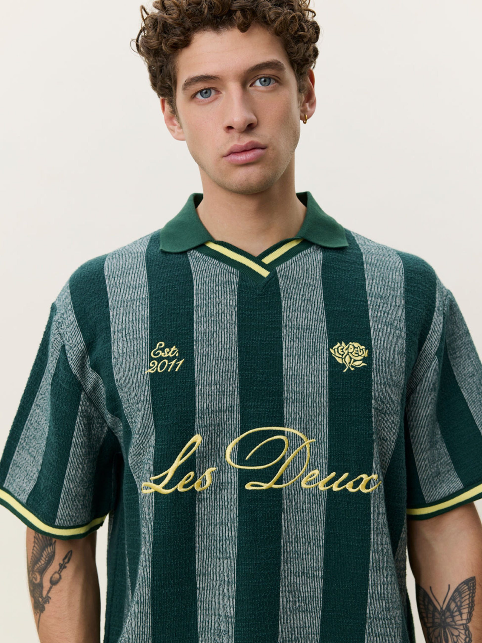 Les Deux Stripe Jacquard Football Jersey Pine Green Yellow Sporty Men’s Tops Lightweight Men’s Shirts for Men Athens GA Georgia Kempt Menswear Store Near Me