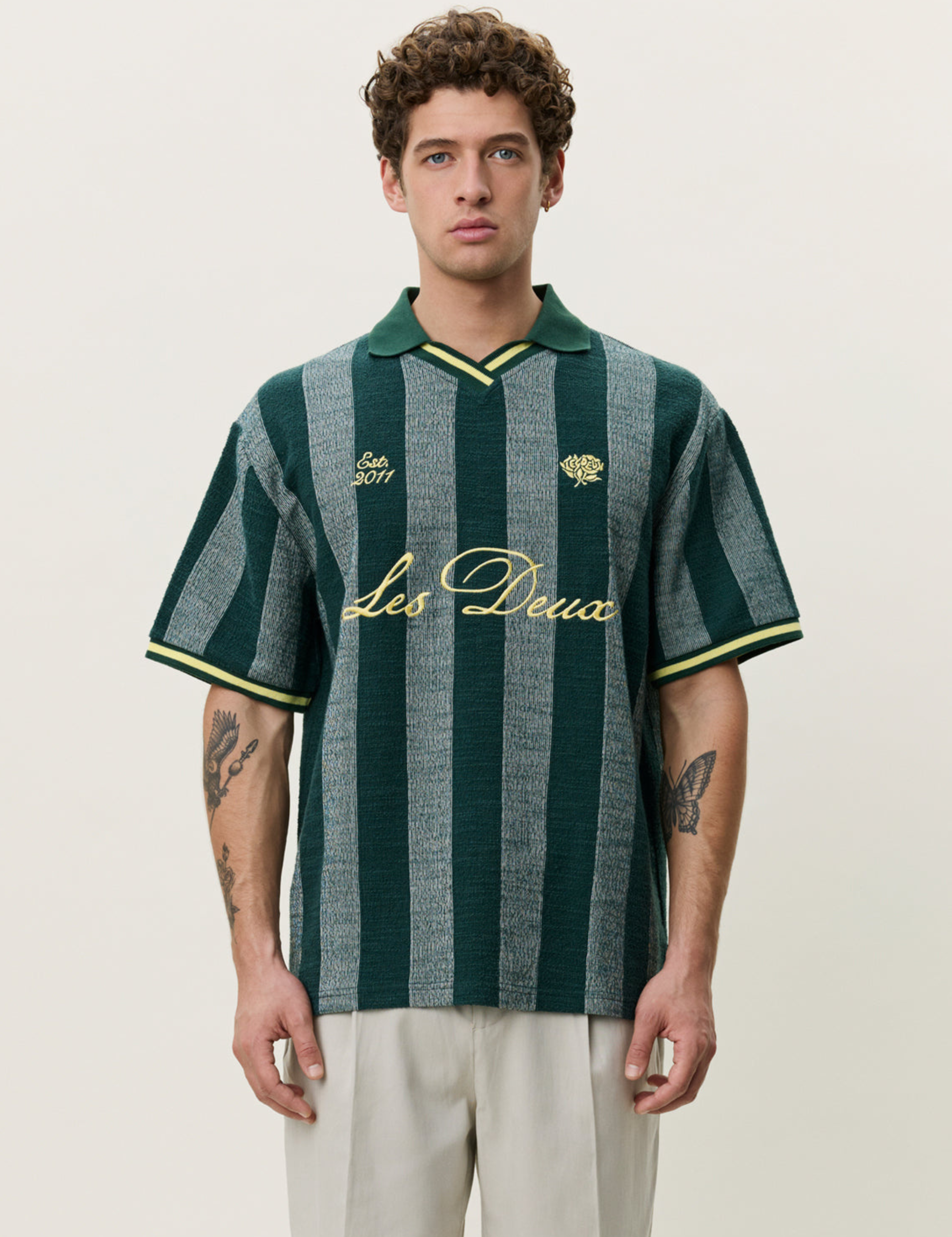 Les Deux Stripe Jacquard Football Jersey Pine Green Yellow Sporty Men’s Tops Lightweight Men’s Shirts for Men Athens GA Georgia Kempt Menswear Store Near Me
