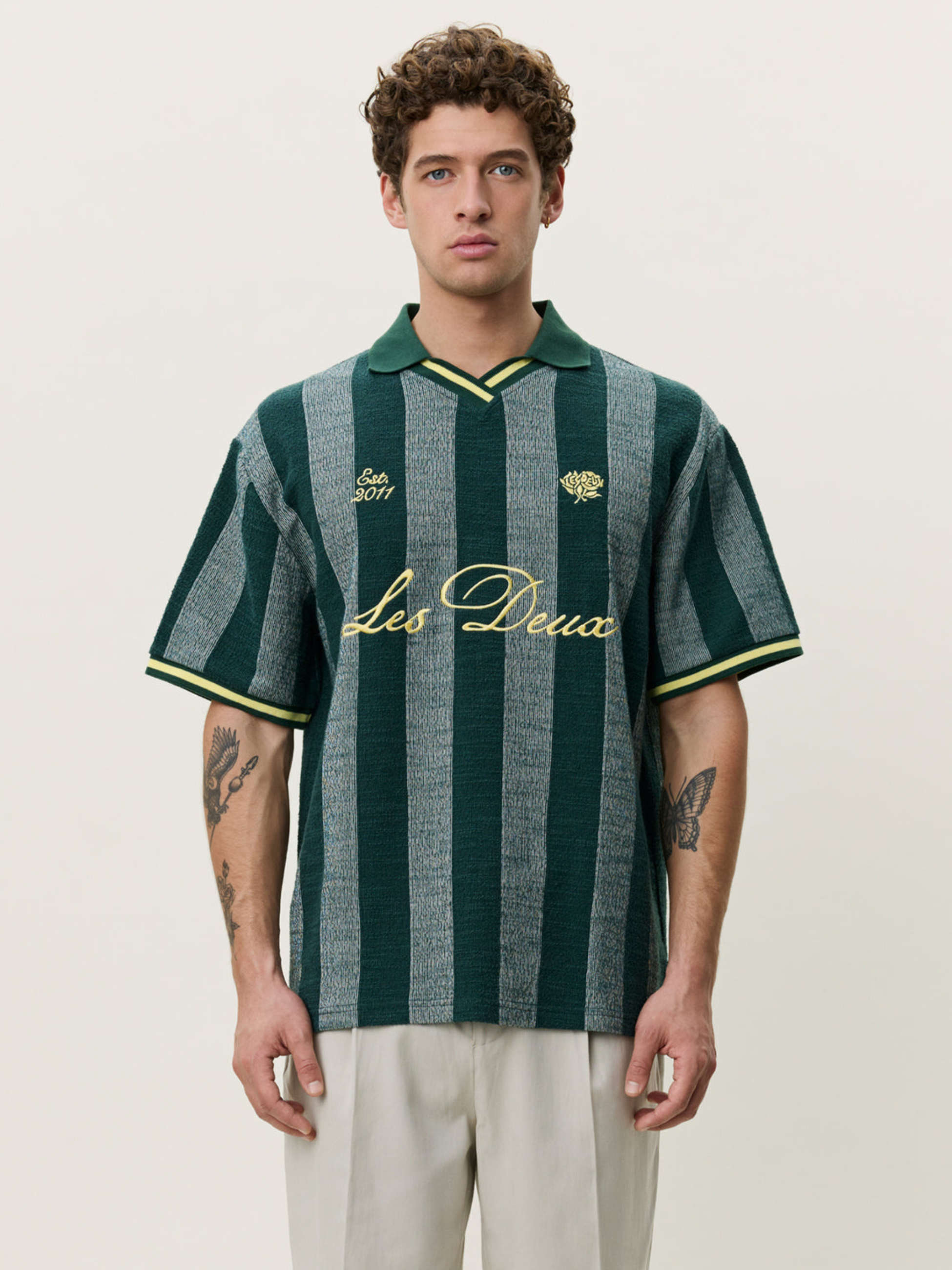 Les Deux Stripe Jacquard Football Jersey Pine Green Yellow Sporty Men’s Tops Lightweight Men’s Shirts for Men Athens GA Georgia Kempt Menswear Store Near Me