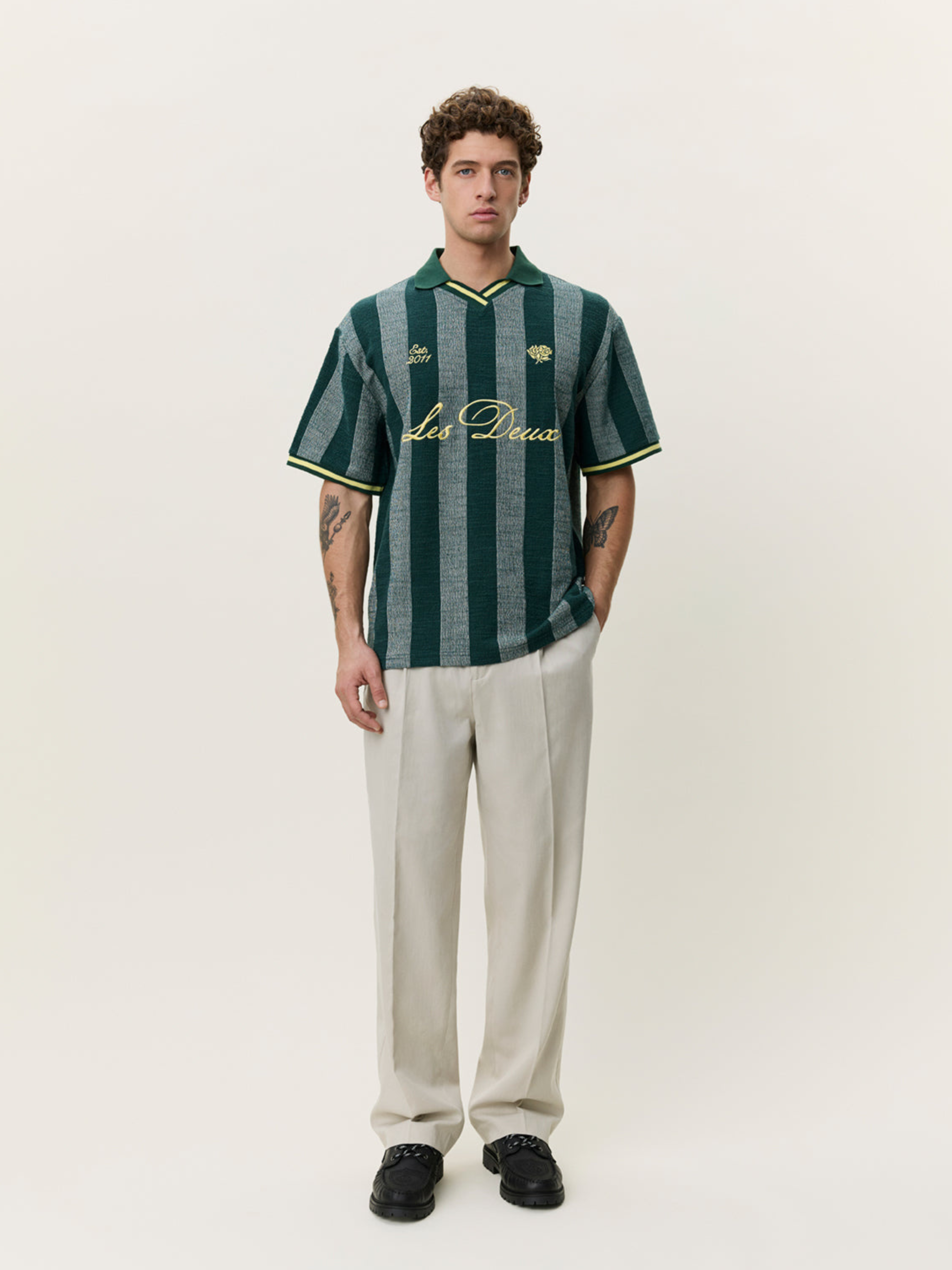 Les Deux Stripe Jacquard Football Jersey Pine Green Yellow Sporty Men’s Tops Lightweight Men’s Shirts for Men Athens GA Georgia Kempt Menswear Store Near Me