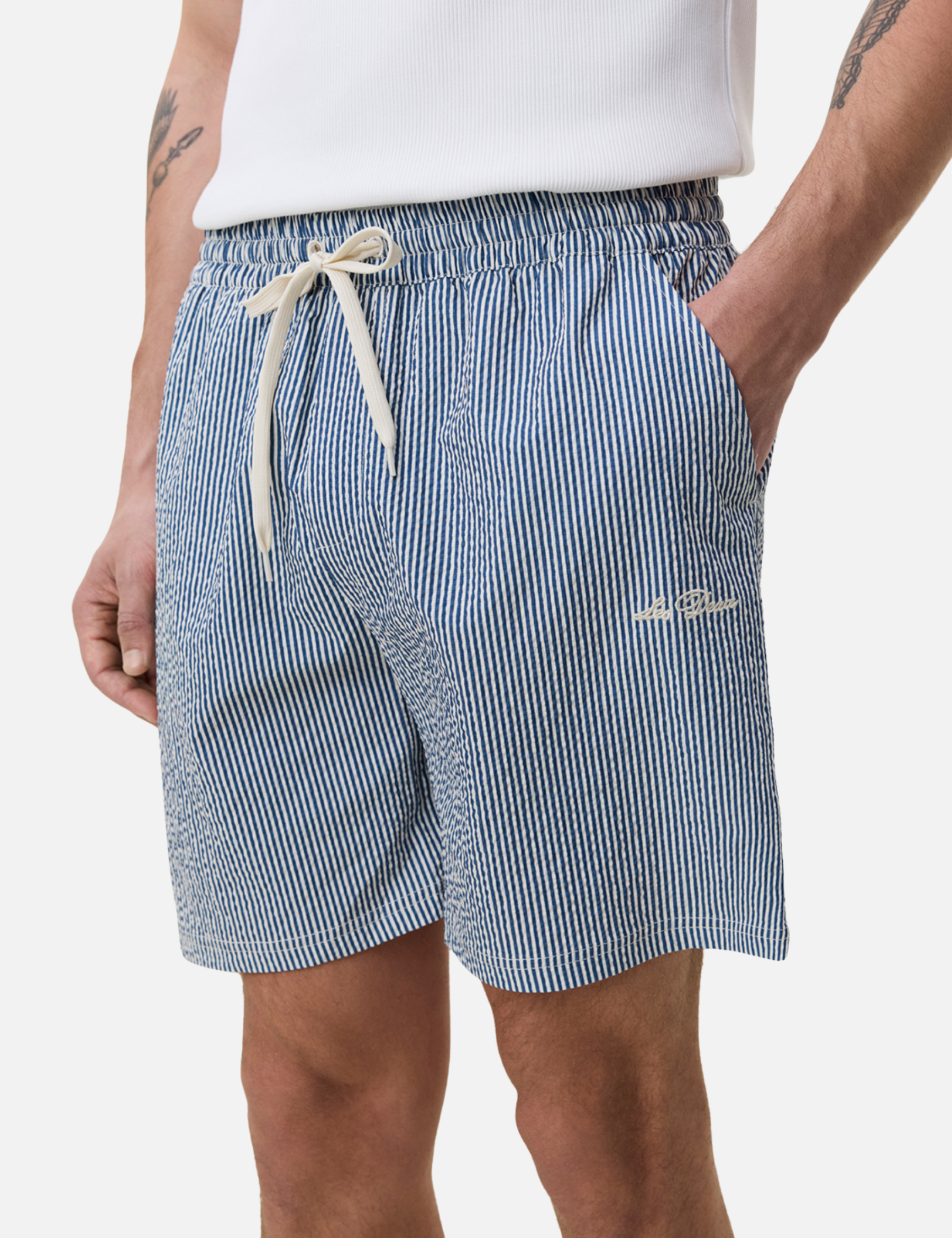 Les Deux Stripe Seersucker Swim Shorts Dark Denim Blue Swimwear for Men Summer Vacation Outfits for Guys Texture Pinstripe Men’s Bottoms Athens GA Georgia Kempt Menswear Store Near Me