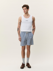 Les Deux Stripe Seersucker Swim Shorts Dark Denim Blue Swimwear for Men Summer Vacation Outfits for Guys Texture Pinstripe Men’s Bottoms Athens GA Georgia Kempt Menswear Store Near Me