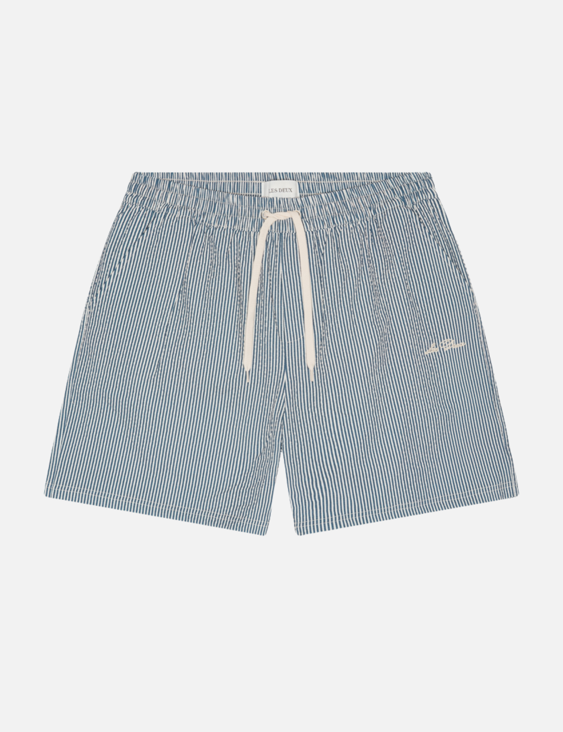 Les Deux Stripe Seersucker Swim Shorts Dark Denim Blue Swimwear for Men Summer Vacation Outfits for Guys Texture Pinstripe Men’s Bottoms Athens GA Georgia Kempt Menswear Store Near Me