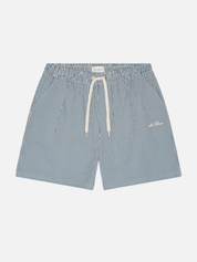 Les Deux Stripe Seersucker Swim Shorts Dark Denim Blue Swimwear for Men Summer Vacation Outfits for Guys Texture Pinstripe Men’s Bottoms Athens GA Georgia Kempt Menswear Store Near Me