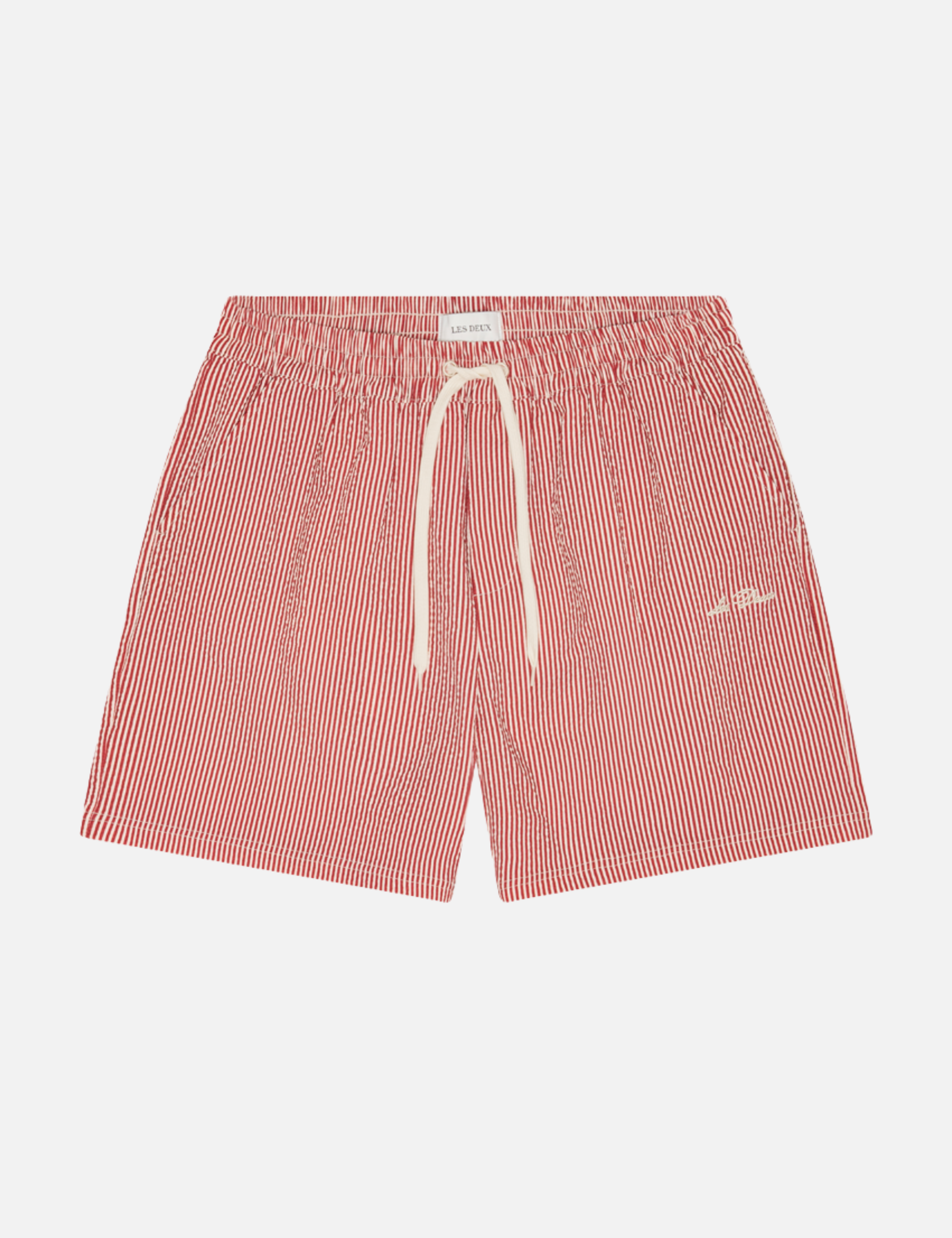 Les Deux Stripe Seersucker Swim Shorts Rhubarb Red Swimwear for Men Summer Vacation Outfits for Guys Texture Pinstripe Men’s Bottoms Fourth of July Athens GA Georgia Kempt Menswear Store Near Me