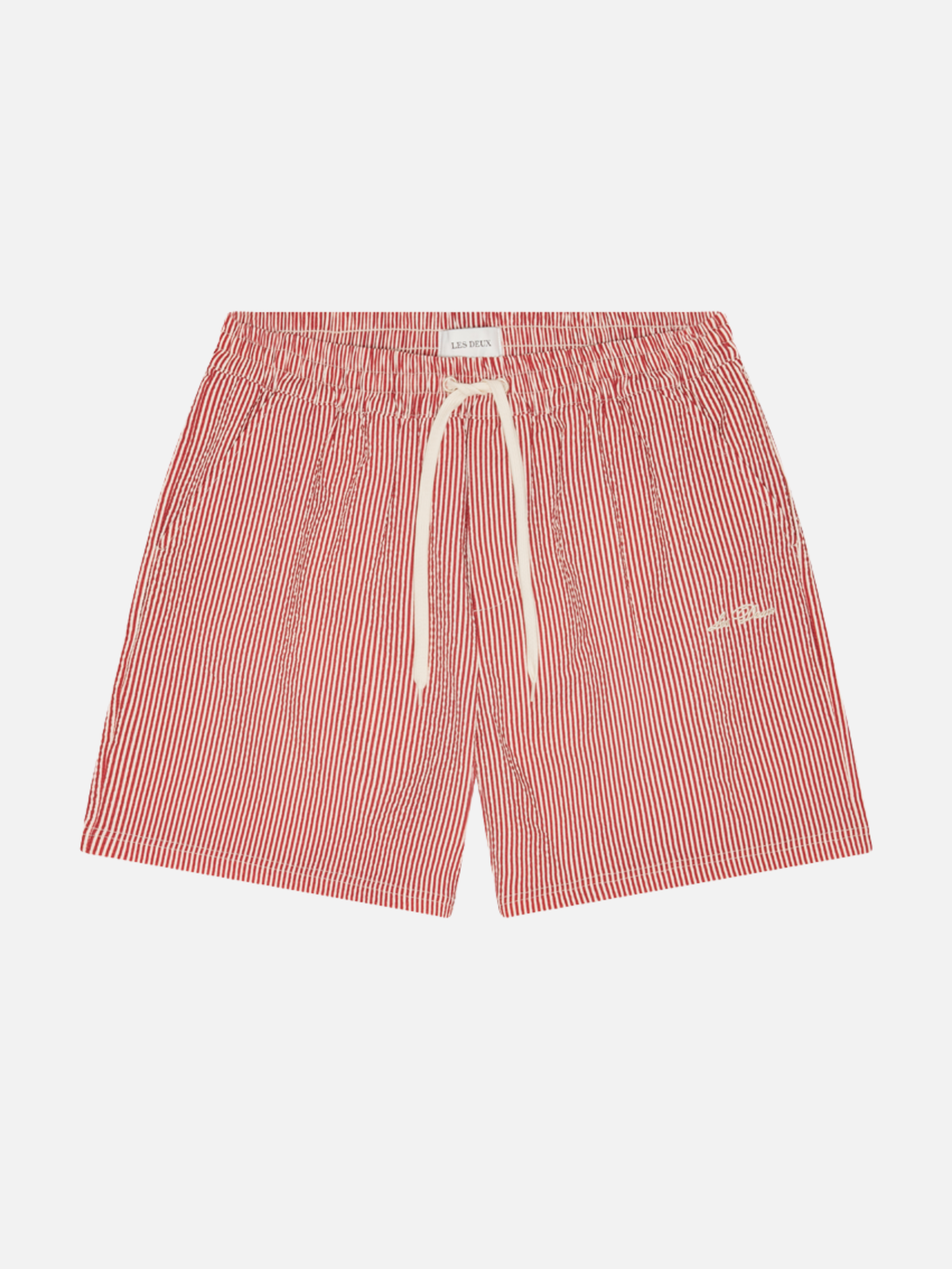 Les Deux Stripe Seersucker Swim Shorts Rhubarb Red Swimwear for Men Summer Vacation Outfits for Guys Texture Pinstripe Men’s Bottoms Fourth of July Athens GA Georgia Kempt Menswear Store Near Me