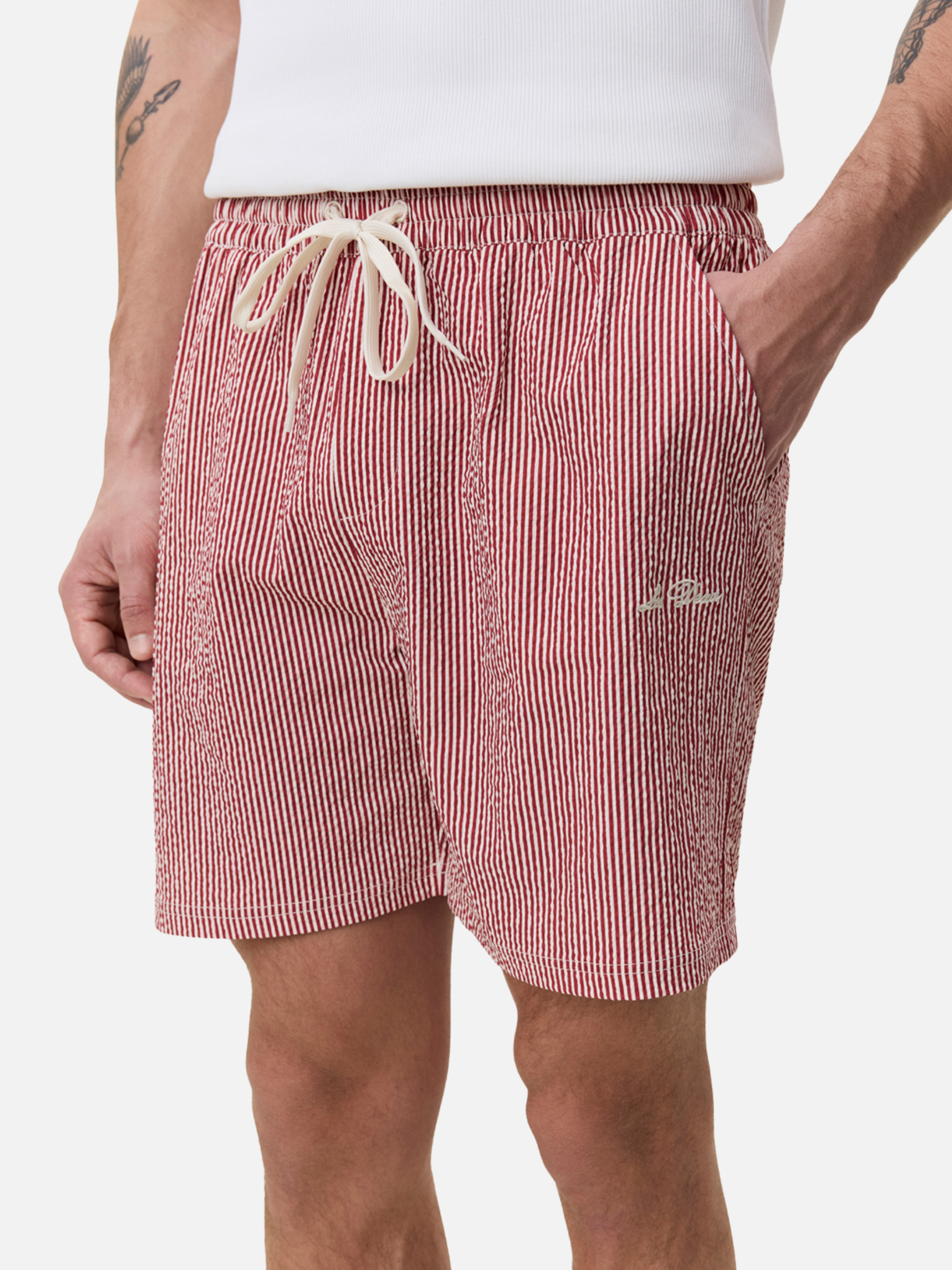 Les Deux Stripe Seersucker Swim Shorts Rhubarb Red Swimwear for Men Summer Vacation Outfits for Guys Texture Pinstripe Men’s Bottoms Fourth of July Athens GA Georgia Kempt Menswear Store Near Me