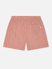 Les Deux Stripe Seersucker Swim Shorts Rhubarb Red Swimwear for Men Summer Vacation Outfits for Guys Texture Pinstripe Men’s Bottoms Fourth of July Athens GA Georgia Kempt Menswear Store Near Me