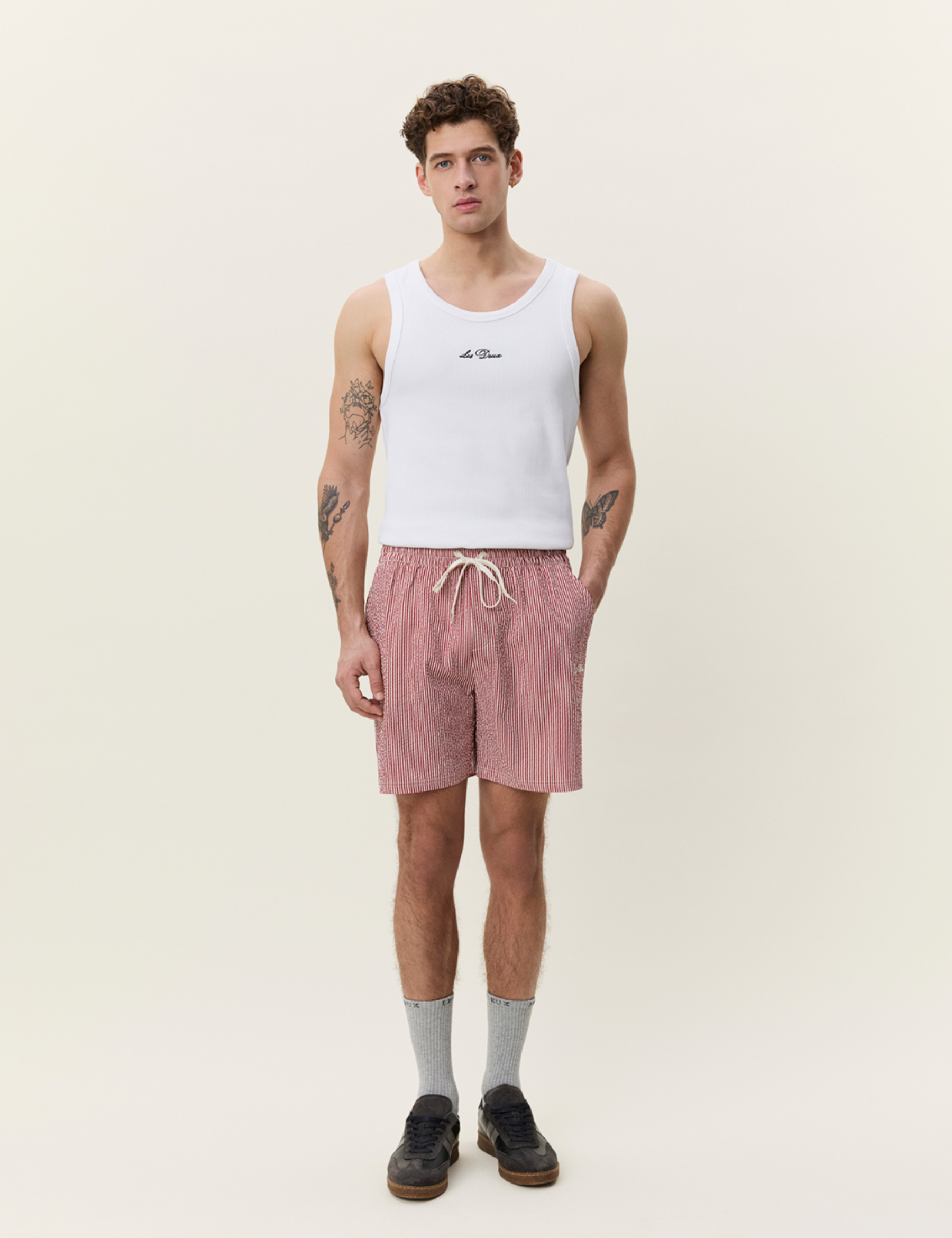 Les Deux Stripe Seersucker Swim Shorts Rhubarb Red Swimwear for Men Summer Vacation Outfits for Guys Texture Pinstripe Men’s Bottoms Fourth of July Athens GA Georgia Kempt Menswear Store Near Me