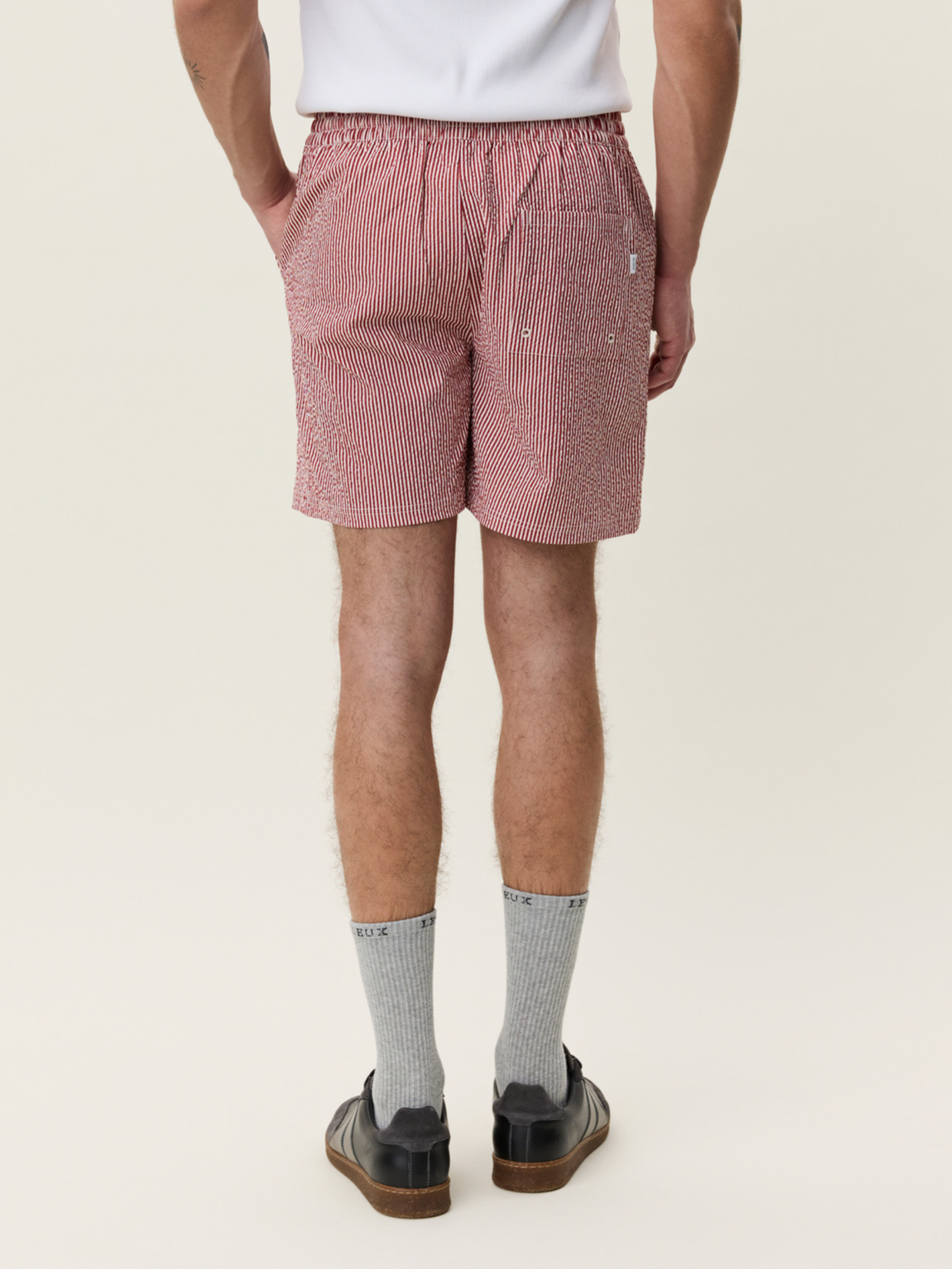 Les Deux Stripe Seersucker Swim Shorts Rhubarb Red Swimwear for Men Summer Vacation Outfits for Guys Texture Pinstripe Men’s Bottoms Fourth of July Athens GA Georgia Kempt Menswear Store Near Me