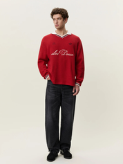 Les Deux Waffle LS Football Jersey Samba Red Top - front model full