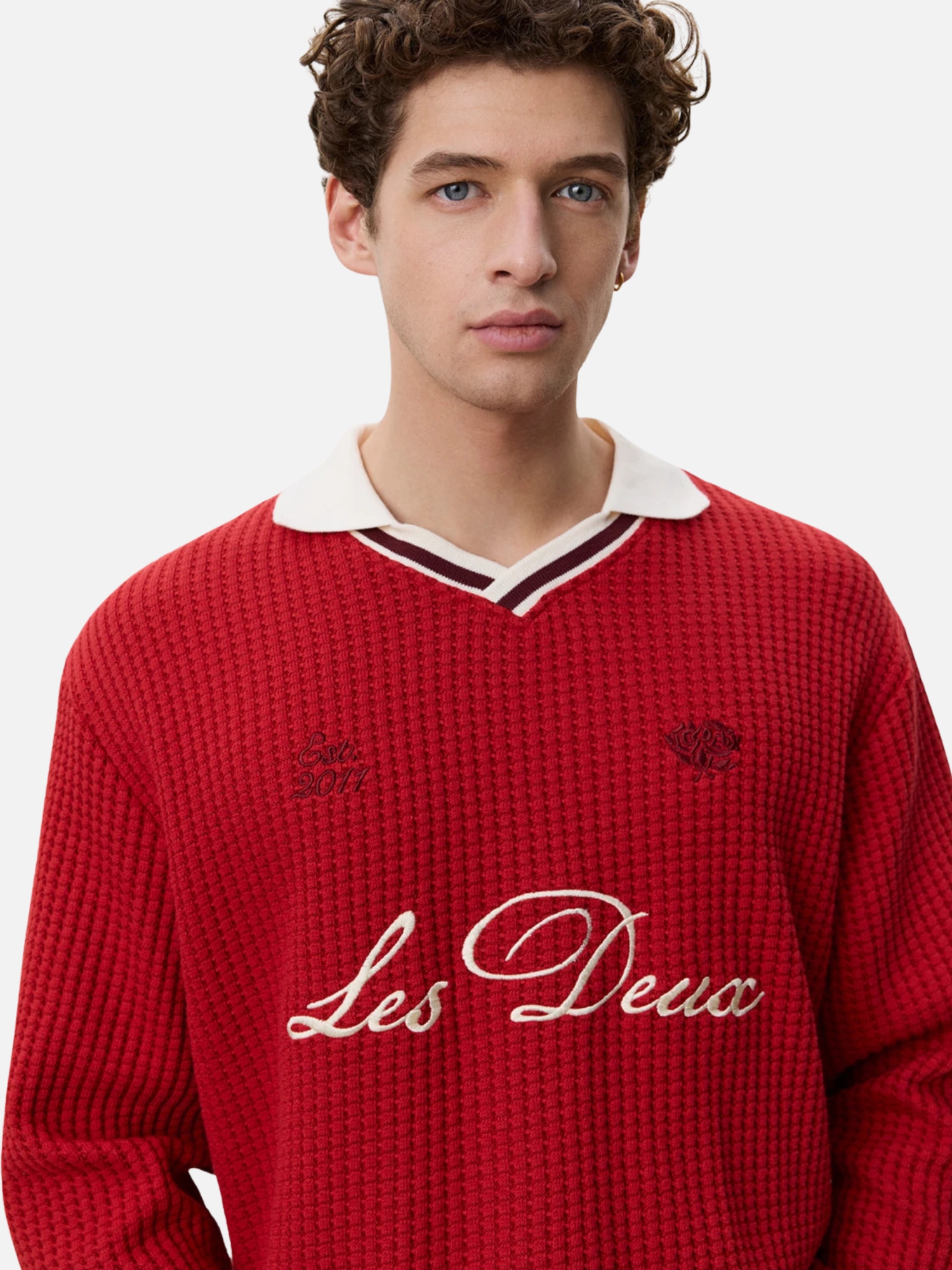 Les Deux Waffle LS Football Jersey Samba Red Top - front model zoom