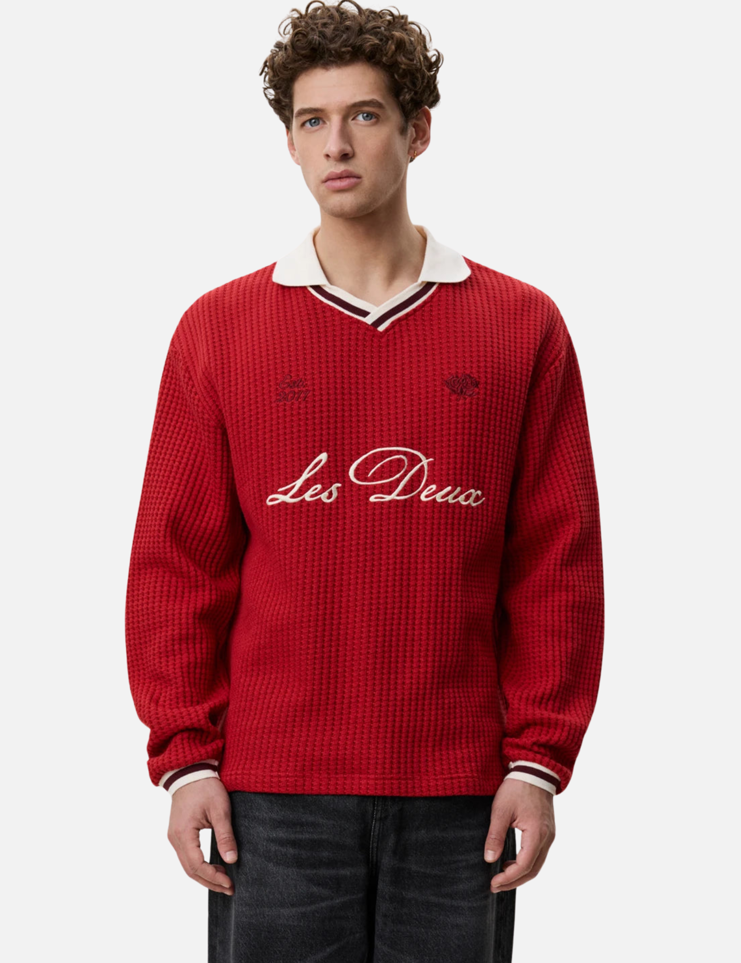 Les Deux Waffle LS Football Jersey Samba Red Top - front model zoom