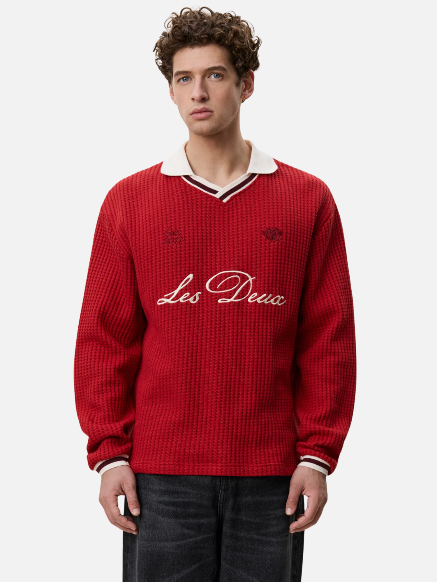 Les Deux Waffle LS Football Jersey Samba Red Top - front model zoom