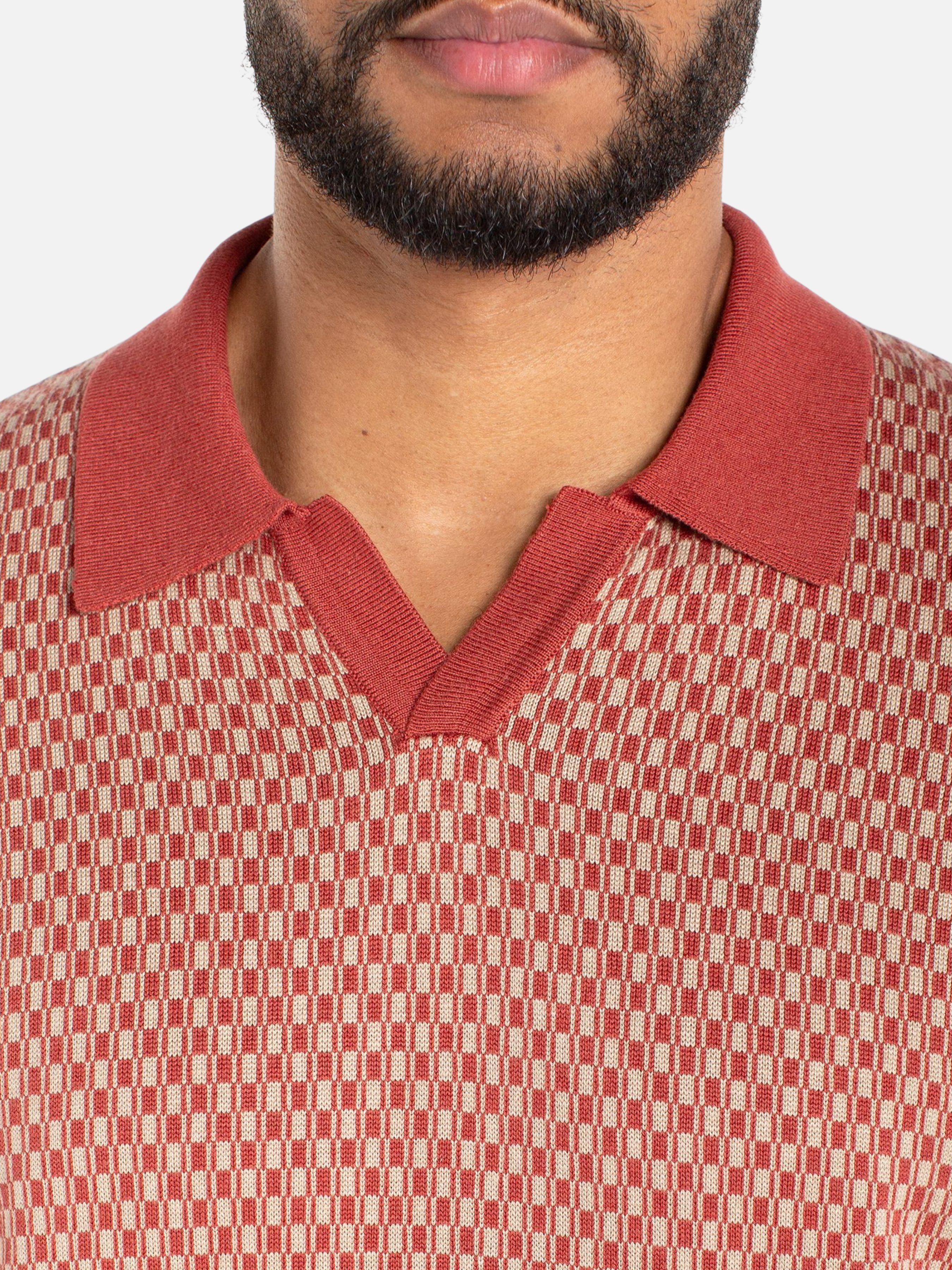 Liverpool Charleston Knit Polo Rust Tan Check Pattern Knitted Polo Top for Spring Summer Lightweight Knitwear for Guys Men’s Tops for Men Athens GA Georgia Kempt Menswear Store Near Me