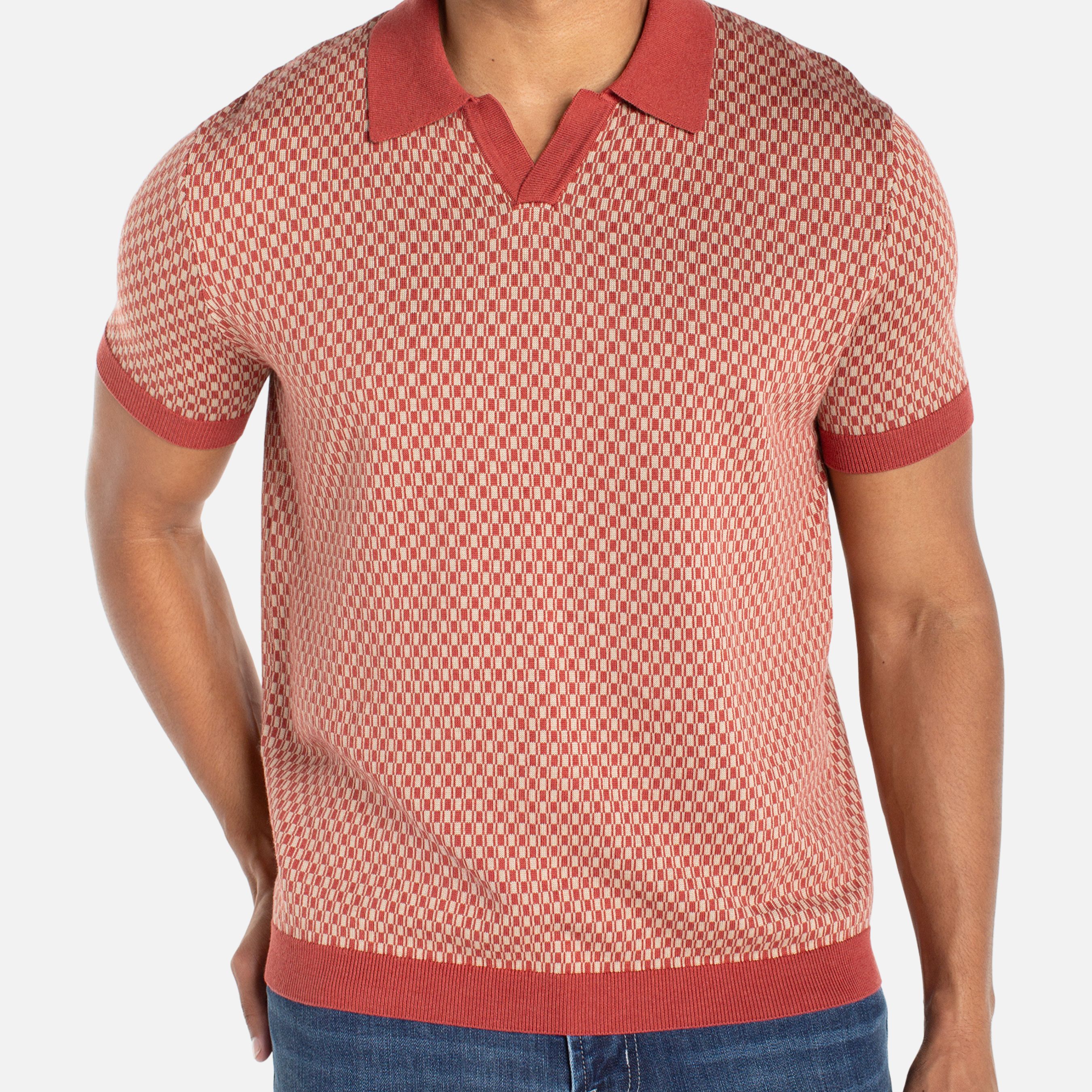 Liverpool Charleston Knit Polo Rust Tan Check Pattern Knitted Polo Top for Spring Summer Lightweight Knitwear for Guys Men’s Tops for Men Athens GA Georgia Kempt Menswear Store Near Me