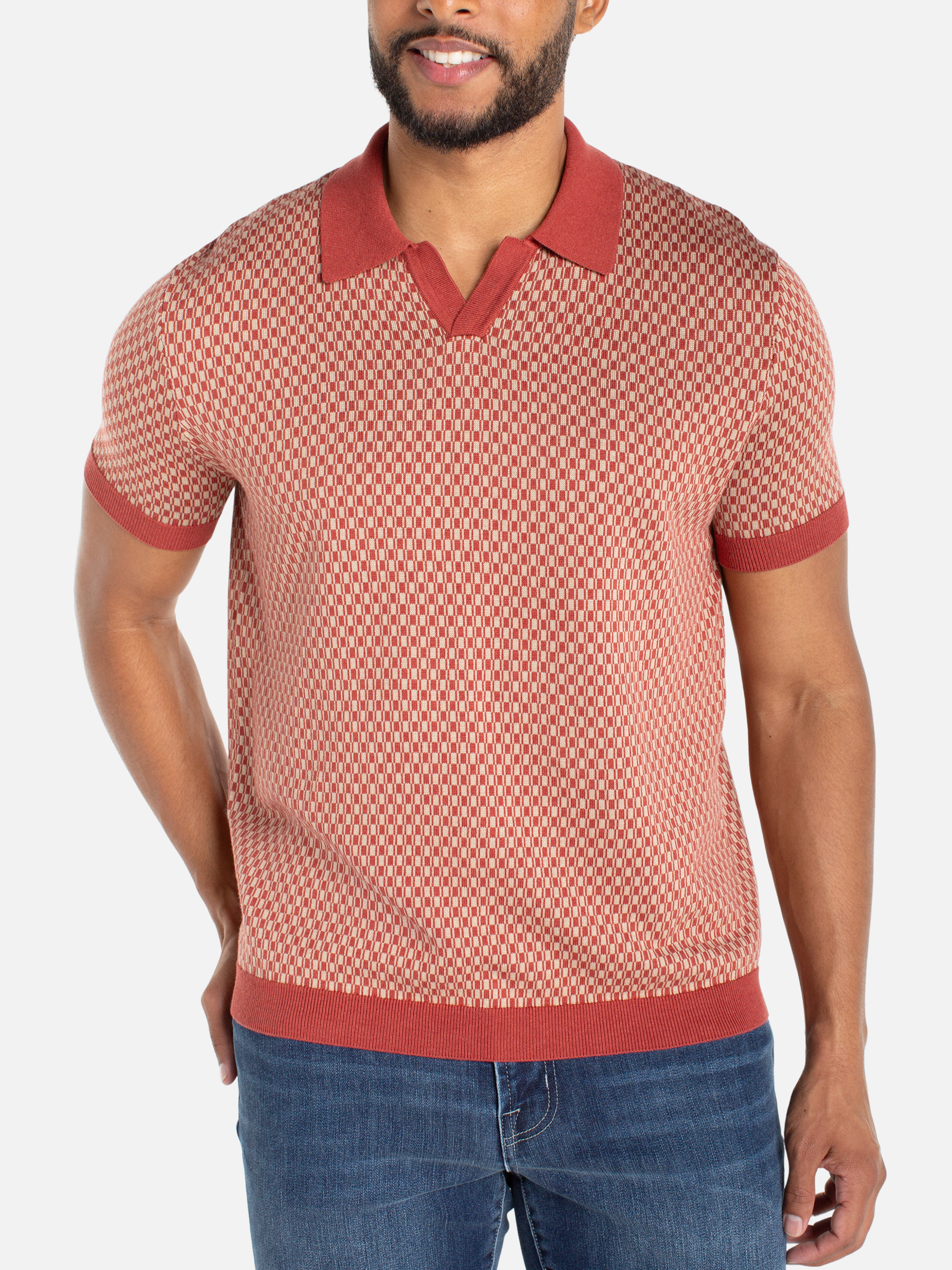Liverpool Charleston Knit Polo Rust Tan Check Pattern Knitted Polo Top for Spring Summer Lightweight Knitwear for Guys Men’s Tops for Men Athens GA Georgia Kempt Menswear Store Near Me