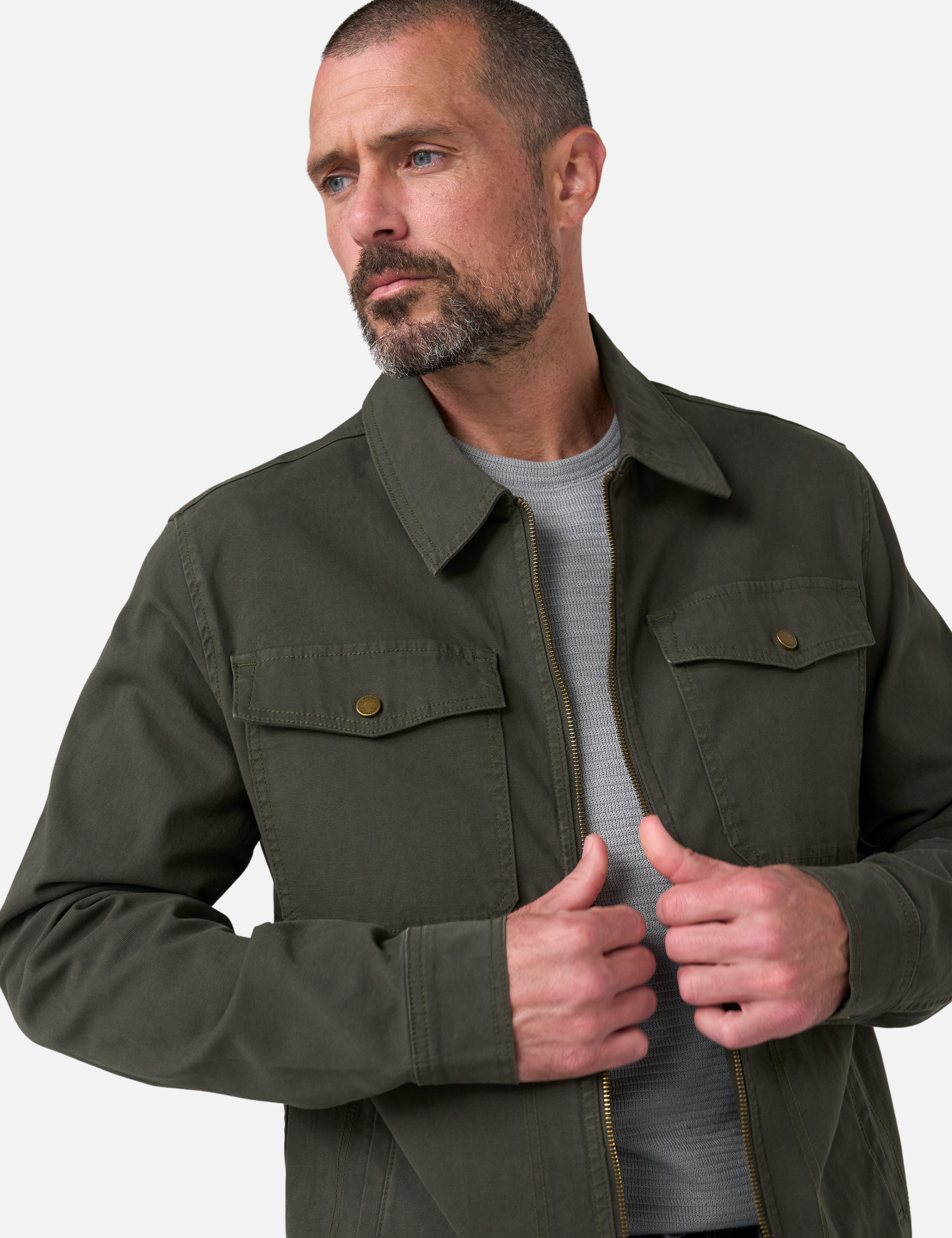 Liverpool Garrison Zip Up Jacket Canvas Cotton Pine Grove Green Winter Outerwear - Front Model