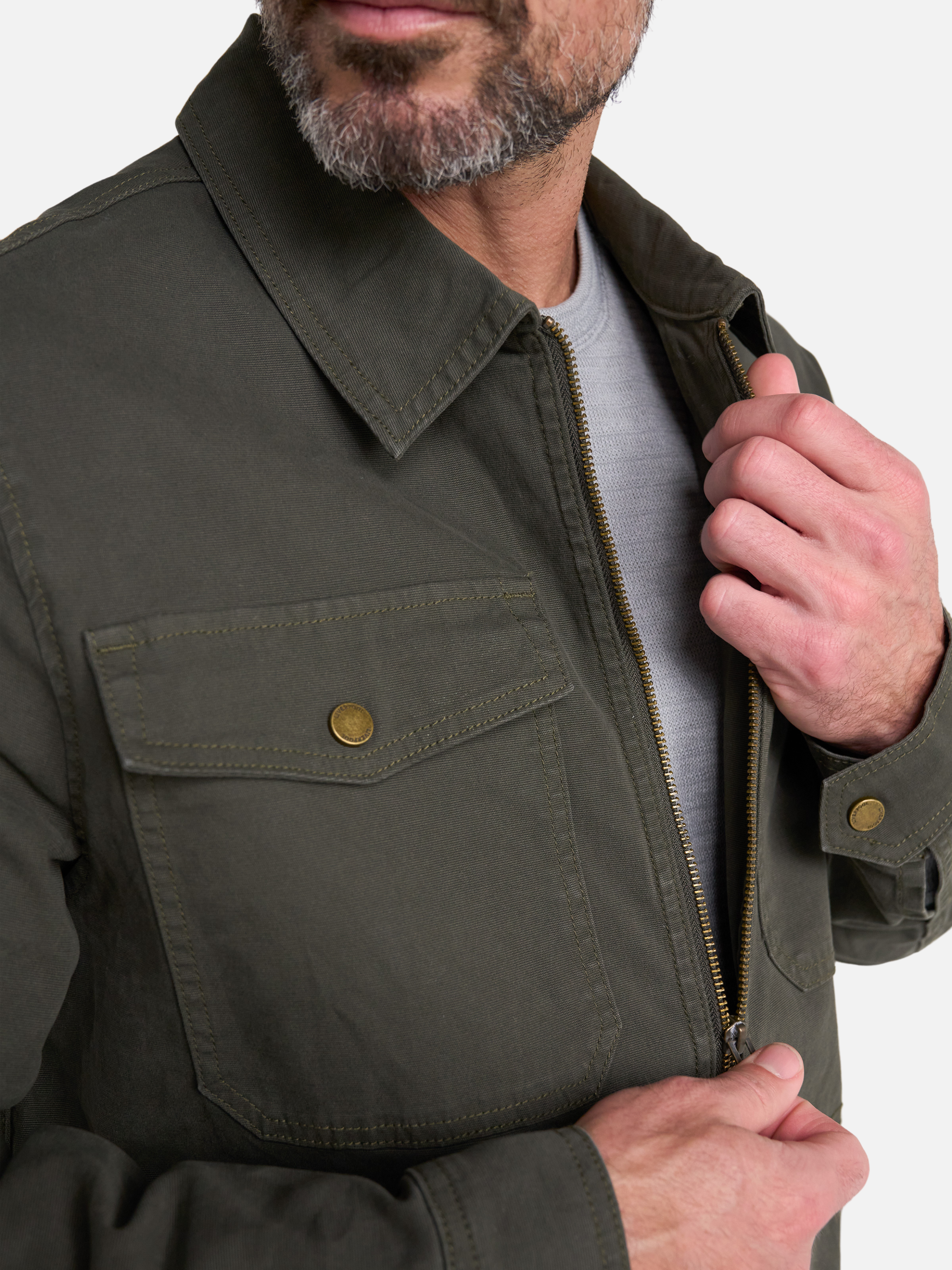 Liverpool Garrison Zip Up Jacket Canvas Cotton Pine Grove Green Winter Outerwear - Model Front Detail