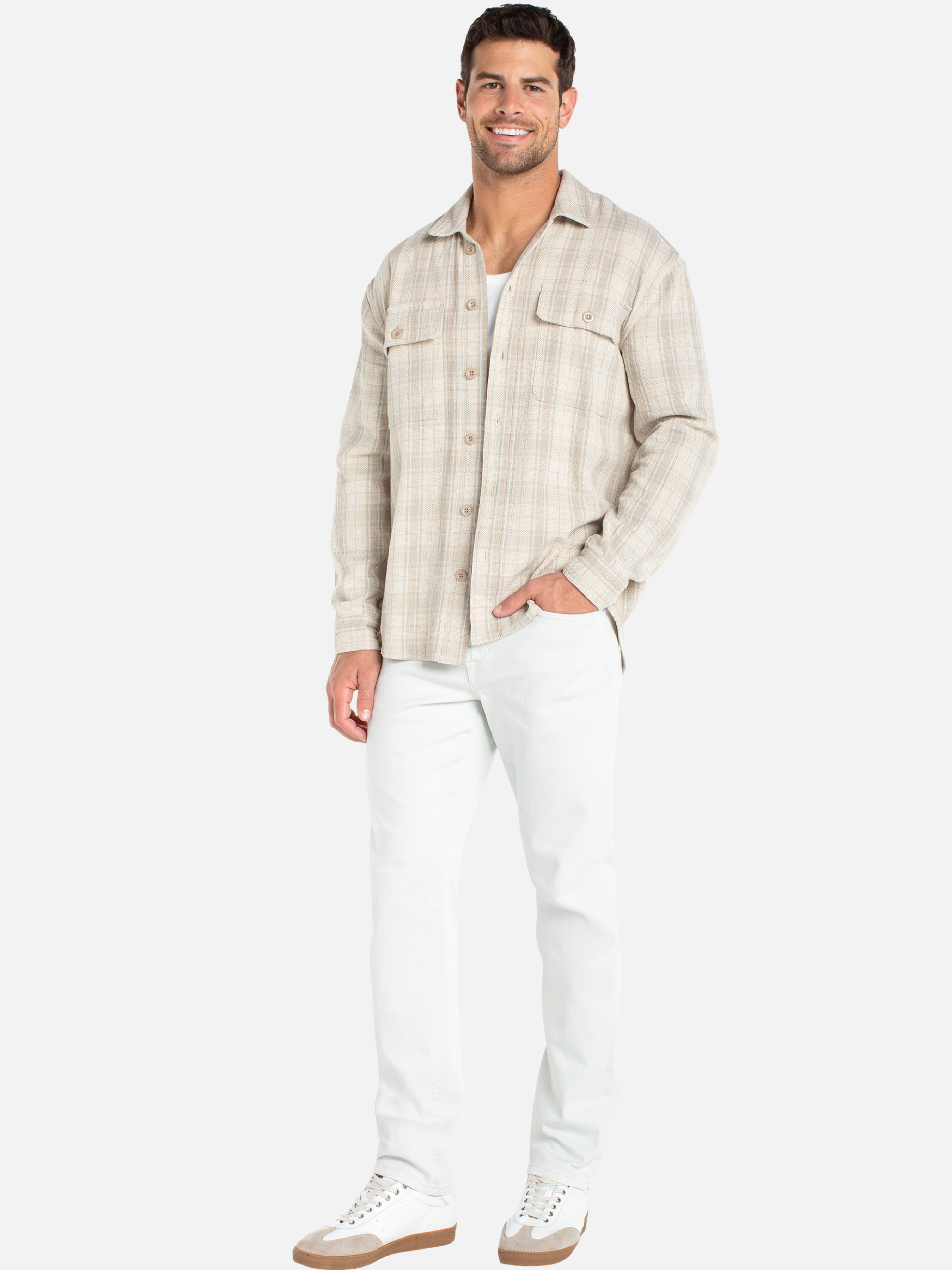 Liverpool Nerja Overshirt Oat Light Blue Multicolor Plaid Pattern Over Shirt for Spring Light Outer Layer for Spring Summer Outfits for Guys Men’s Tops Long Sleeve Collared Button Up Athens GA Georgia Kempt Menswear Store Near Me