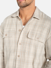 Liverpool Nerja Overshirt Oat Light Blue Multicolor Plaid Pattern Over Shirt for Spring Light Outer Layer for Spring Summer Outfits for Guys Men’s Tops Long Sleeve Collared Button Up Athens GA Georgia Kempt Menswear Store Near Me