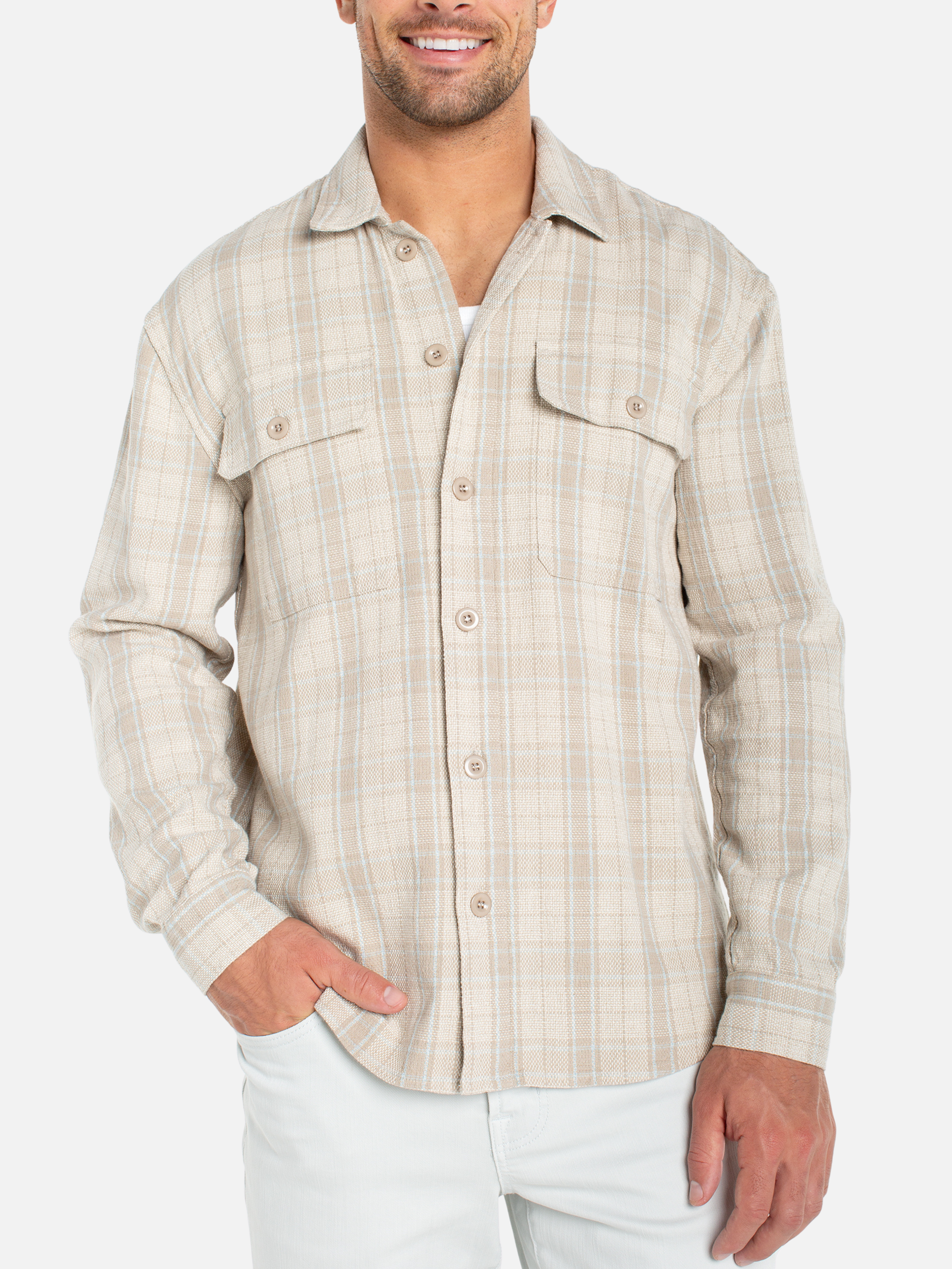 Liverpool Nerja Overshirt Oat Light Blue Multicolor Plaid Pattern Over Shirt for Spring Light Outer Layer for Spring Summer Outfits for Guys Men’s Tops Long Sleeve Collared Button Up Athens GA Georgia Kempt Menswear Store Near Me