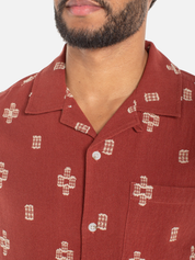 Liverpool Riad Camp shirt Red Oat Geometrical Pattern Short Sleeve Collared Button Up Vacation Shirt for Men Men’s Tops for Guys Spring Summer Outfits Athens GA Georgia Kempt Menswear Store Near Me