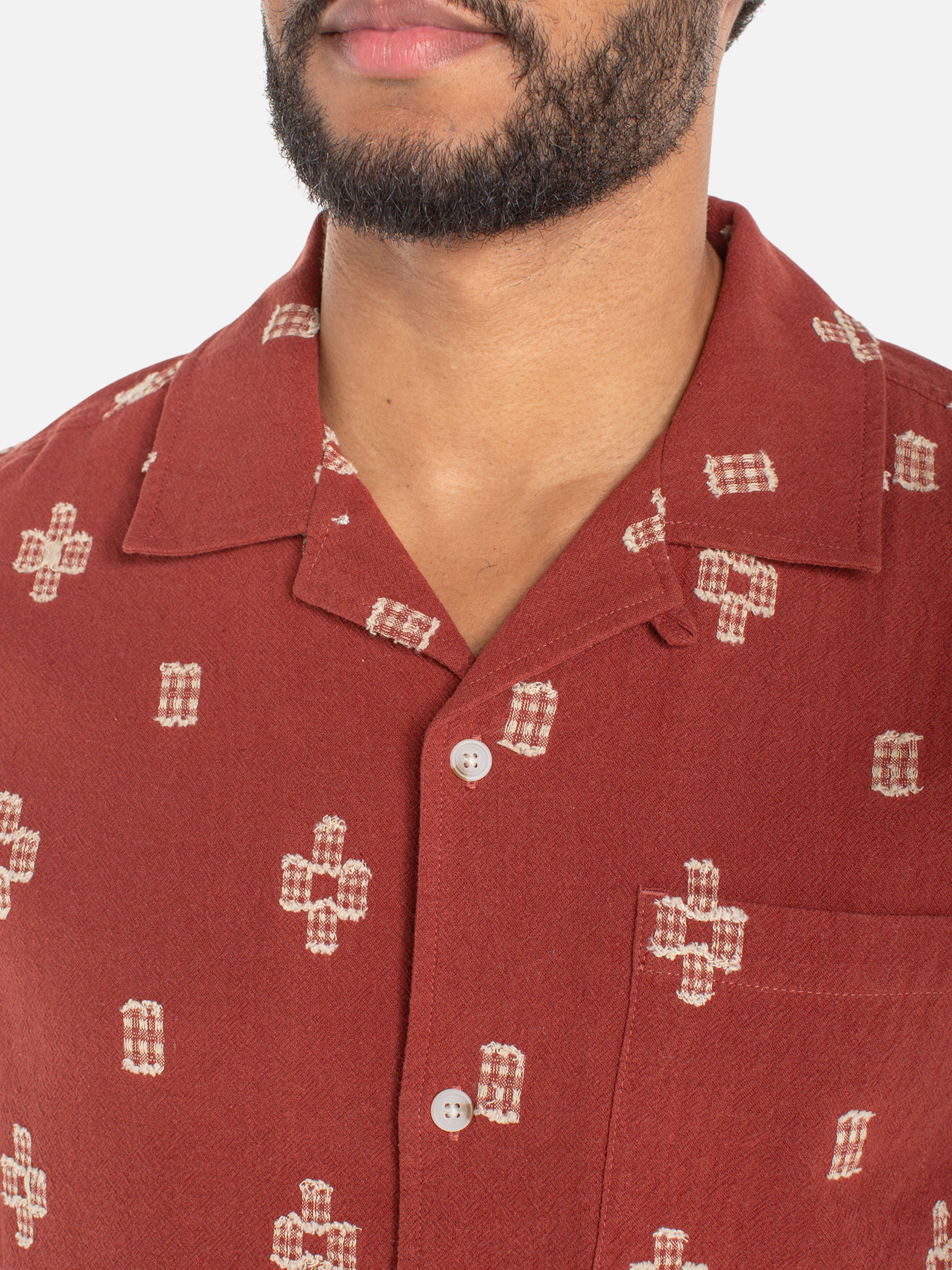 Liverpool Riad Camp shirt Red Oat Geometrical Pattern Short Sleeve Collared Button Up Vacation Shirt for Men Men’s Tops for Guys Spring Summer Outfits Athens GA Georgia Kempt Menswear Store Near Me