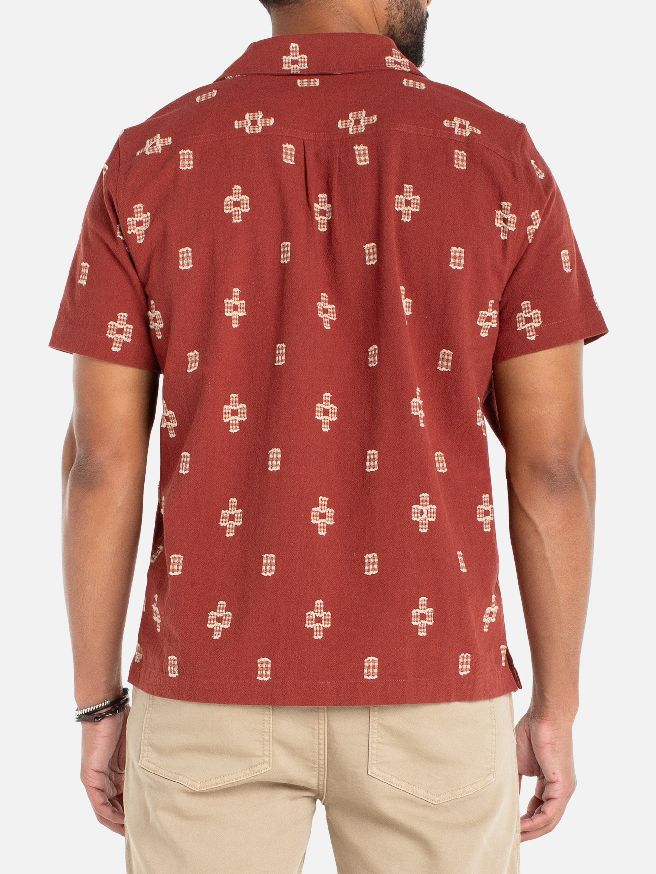 Liverpool Riad Camp shirt Red Oat Geometrical Pattern Short Sleeve Collared Button Up Vacation Shirt for Men Men’s Tops for Guys Spring Summer Outfits Athens GA Georgia Kempt Menswear Store Near Me