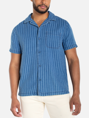 Liverpool Men's S/S Denim Stripe Button Up Camp Shirt Blue Indigo Summer Casual Style 2026 Athens GA Kempt Clothing Store