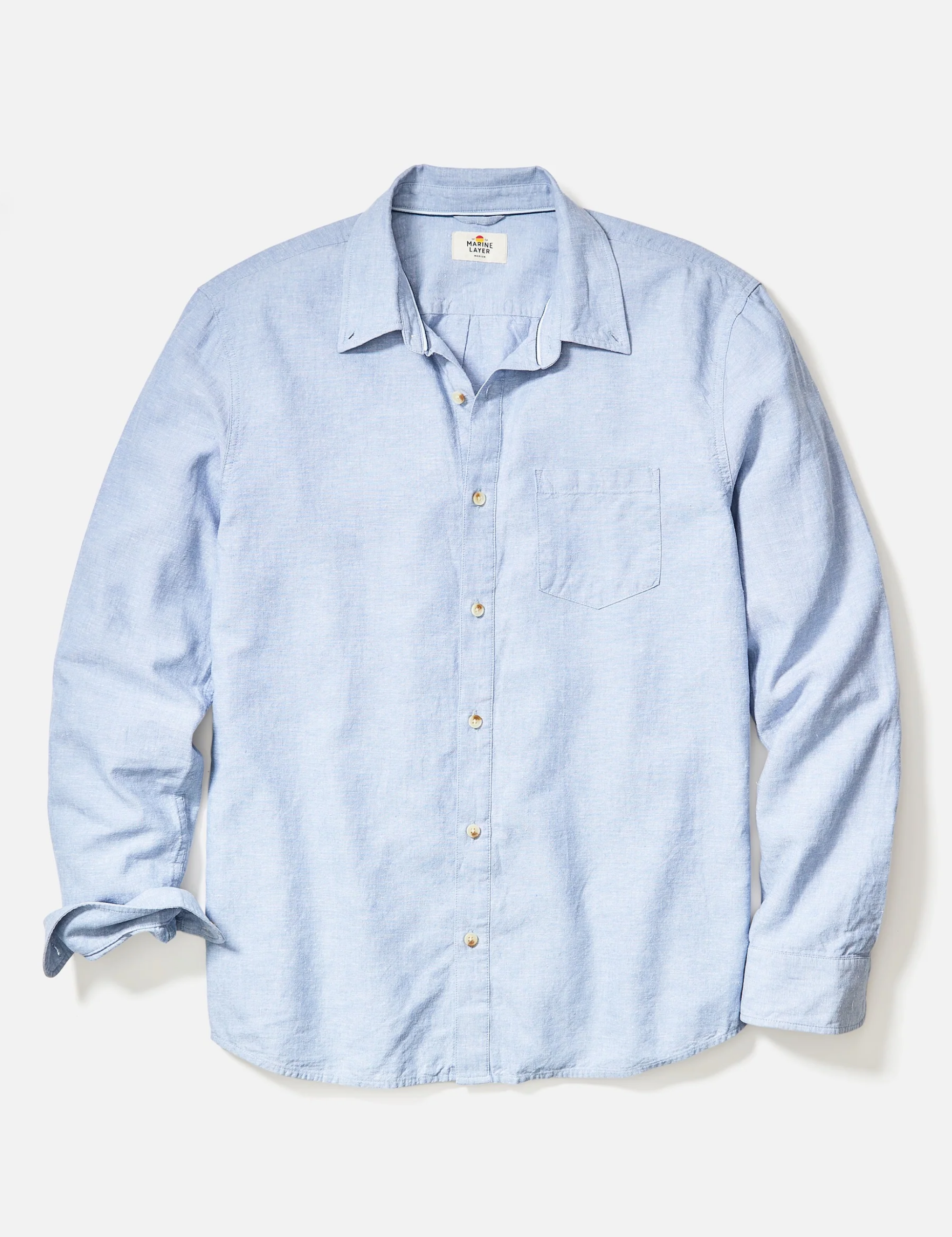 Marine Layer Better-Than-Linen Shirt LS Long Sleeve Men’s Chambray Blue Collared Button Up Top for Men Spring Summer Athens GA Georgia Kempt Menswear Store Near Me