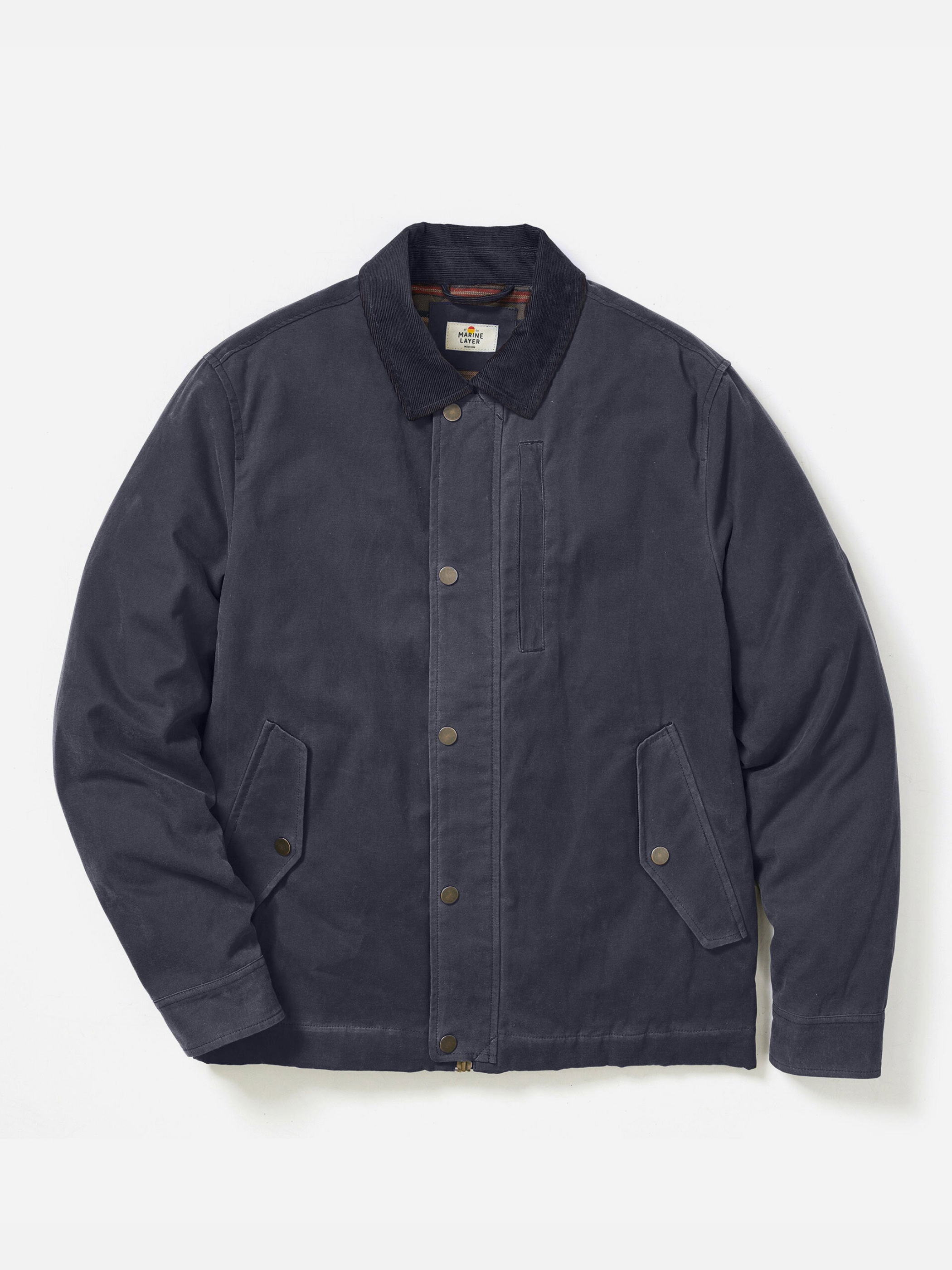 Marine Layer Weston Wax Canvas Barn Jacket Faded Navy Flannel Lining Worn In Outerwear Men’s Jackets for Men Tops Fall Winter Blue Athens GA Georgia Kempt Menswear Store Near Me