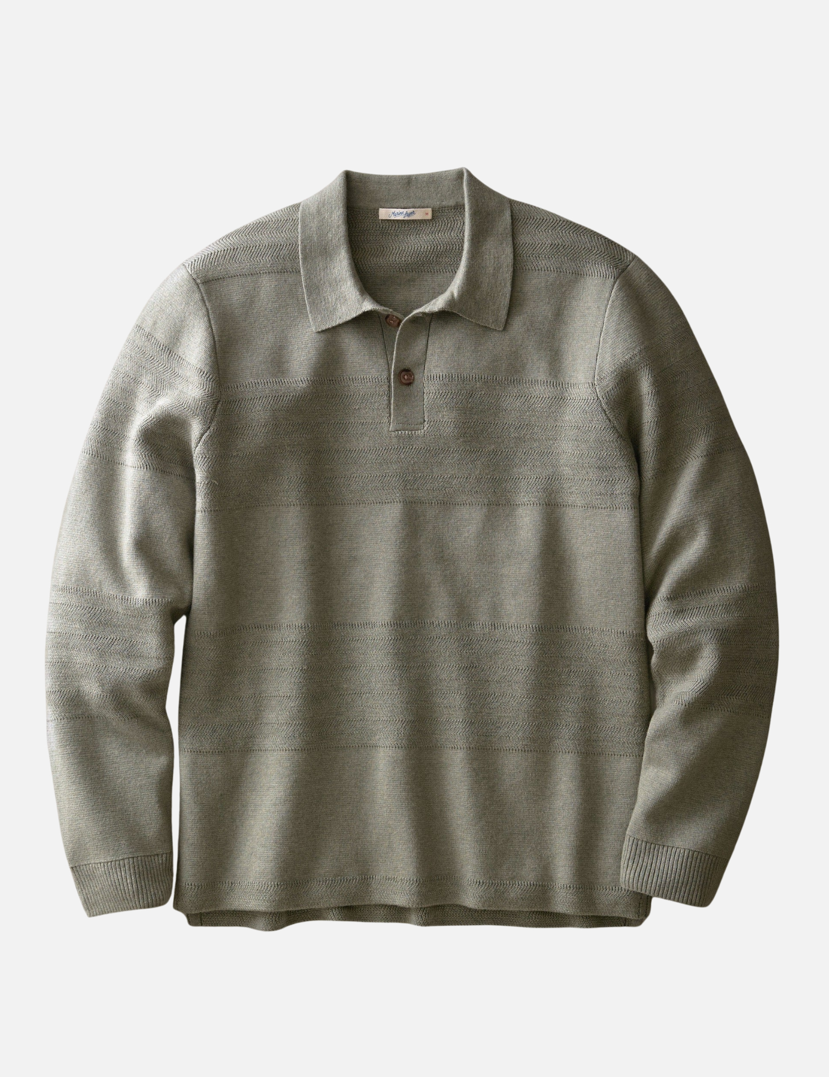 Marine Layer Rugby Sweater Polo Vetiver Green Knitted Long Sleeve Shirt with Collar - Front Flat
