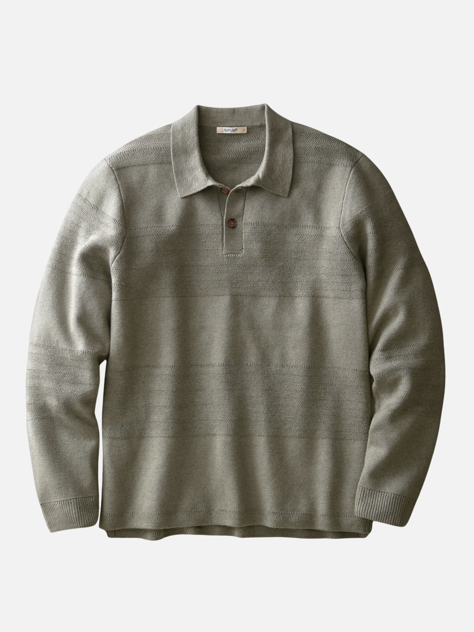 Marine Layer Rugby Sweater Polo Vetiver Green Knitted Long Sleeve Shirt with Collar - Front Flat