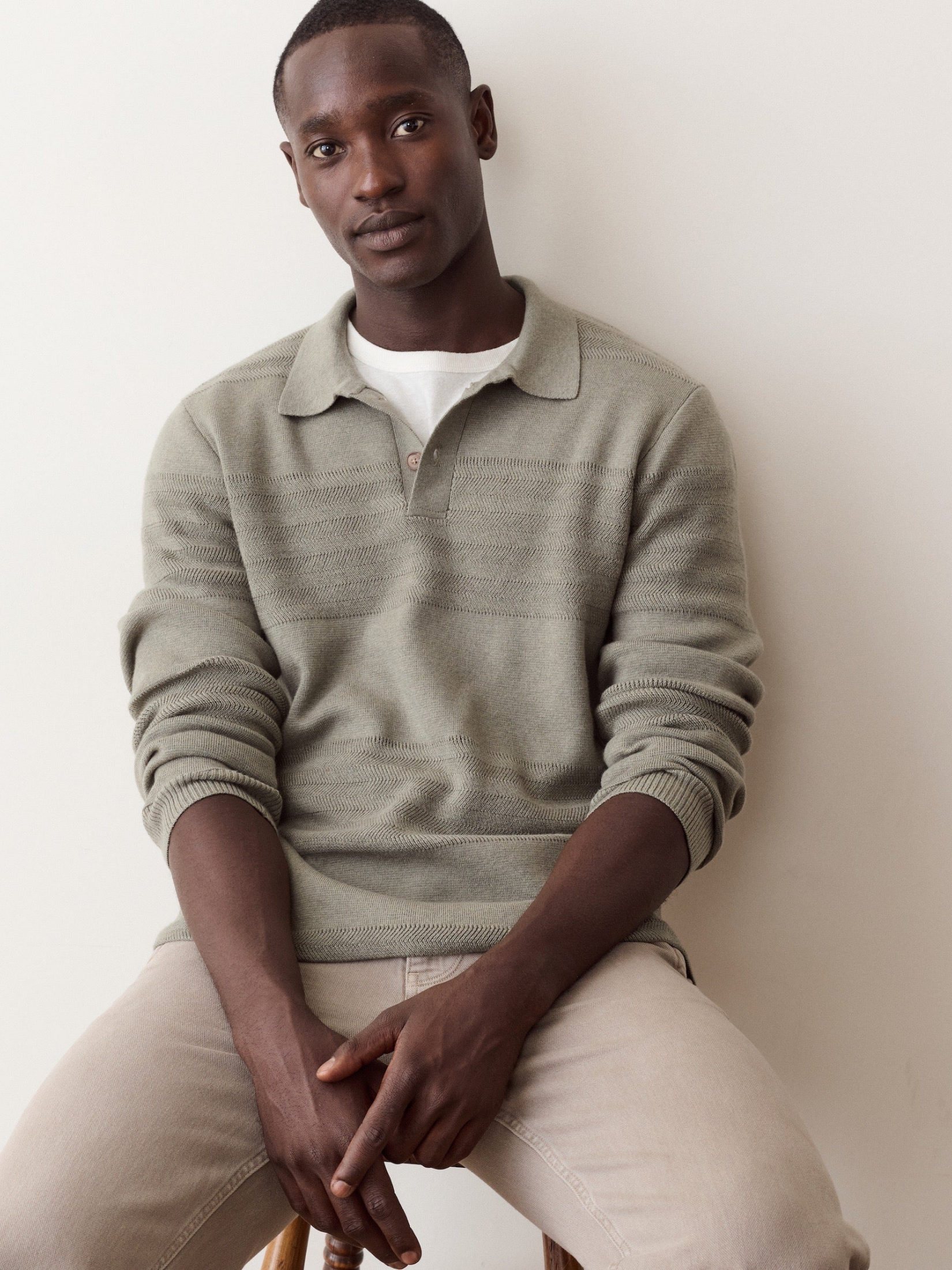 Marine Layer Rugby Sweater Polo Vetiver Green Knitted Long Sleeve Shirt with Collar - Front Model Sat