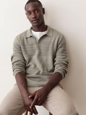 Marine Layer Rugby Sweater Polo Vetiver Green Knitted Long Sleeve Shirt with Collar - Front Model Sat