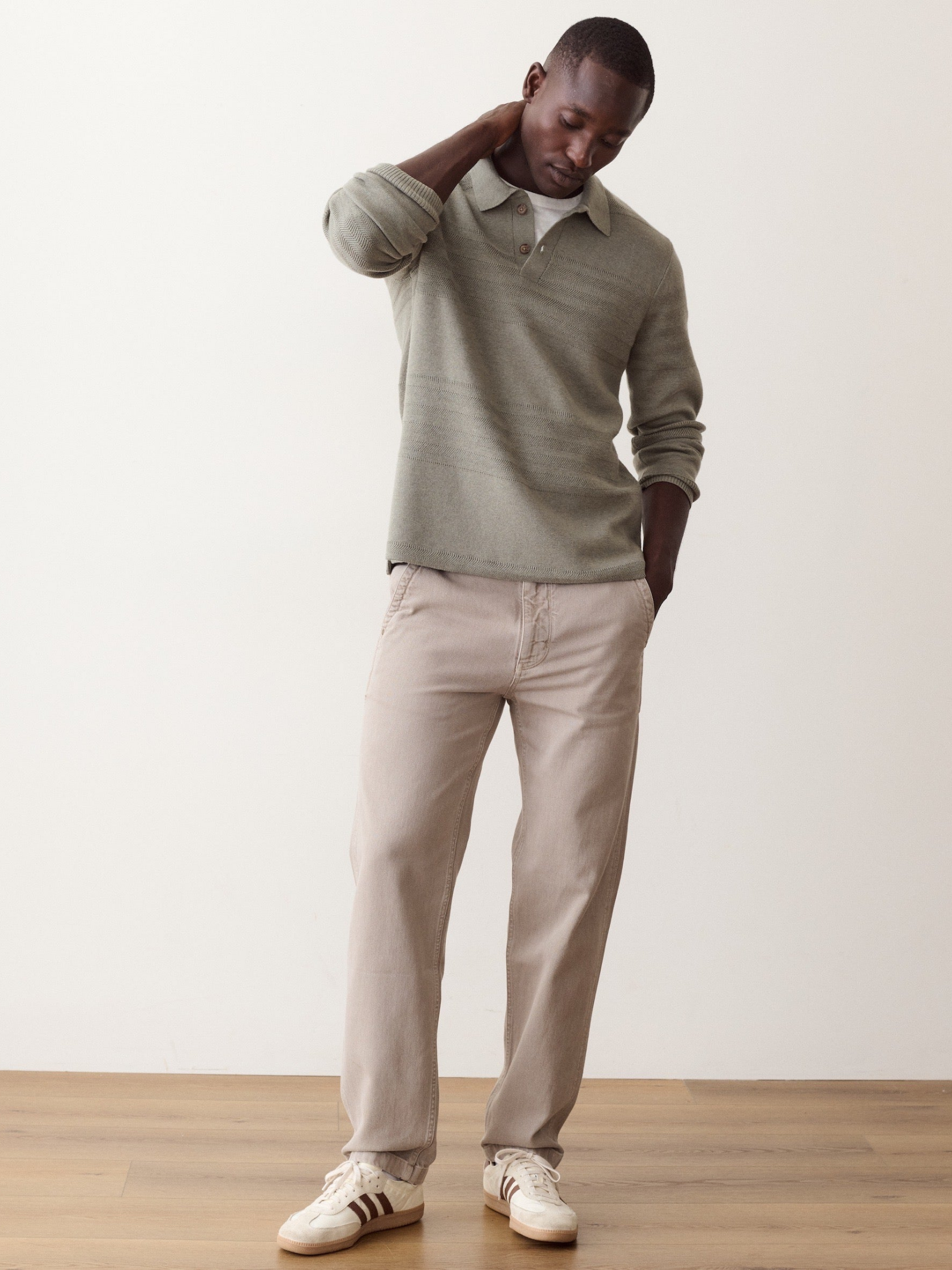 Marine Layer Rugby Sweater Polo Vetiver Green Knitted Long Sleeve Shirt with Collar - Front Model Full